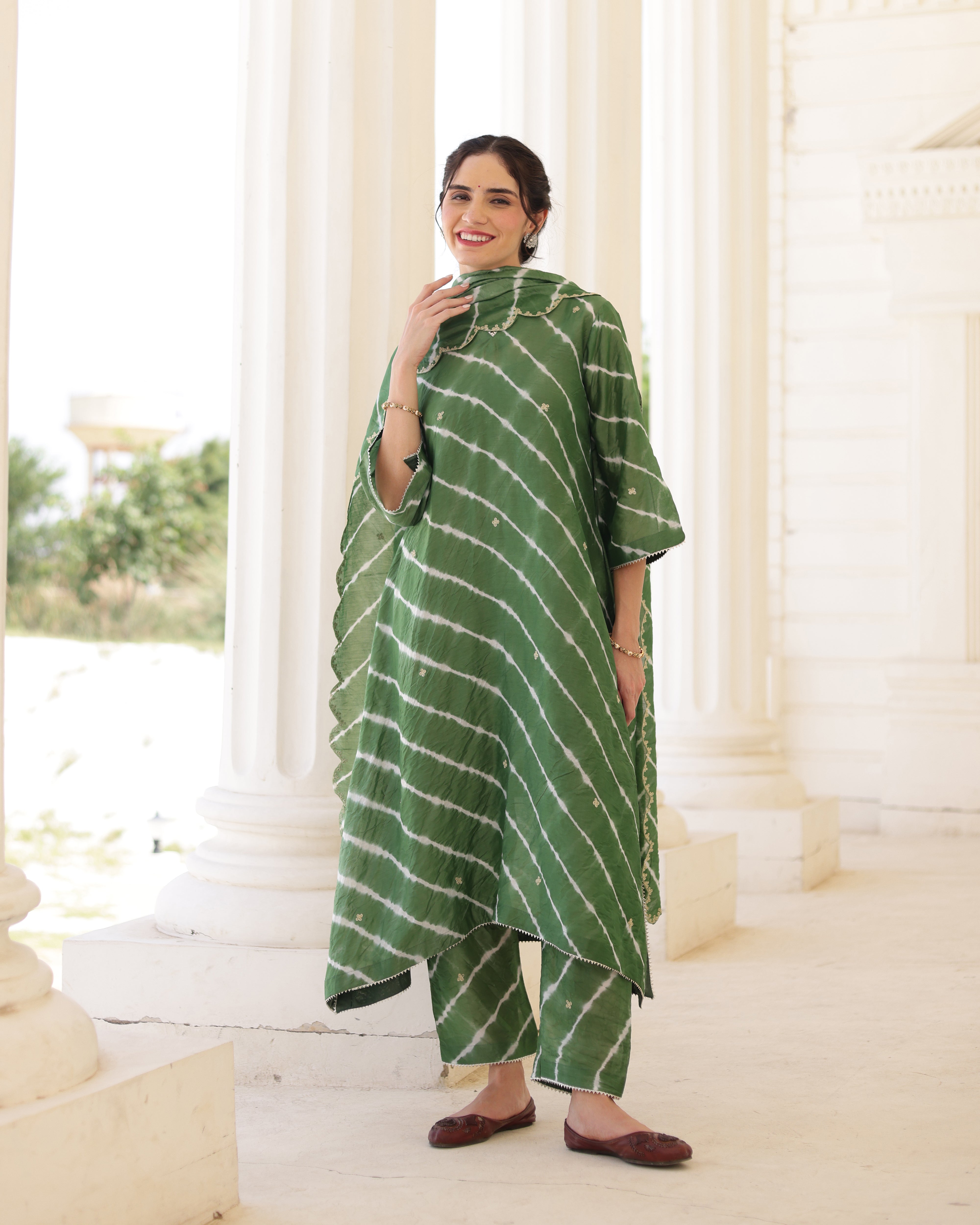 Verdant Forest Green Chanderi Hand Dyed Leheriya Kurta Set with Zari Aari Embroidery