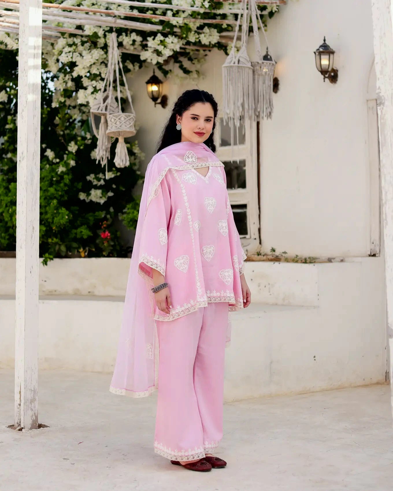 Asrumo Gulzaar blush pink cotton satin Aari embroidered kurta palazzo set with dupatta