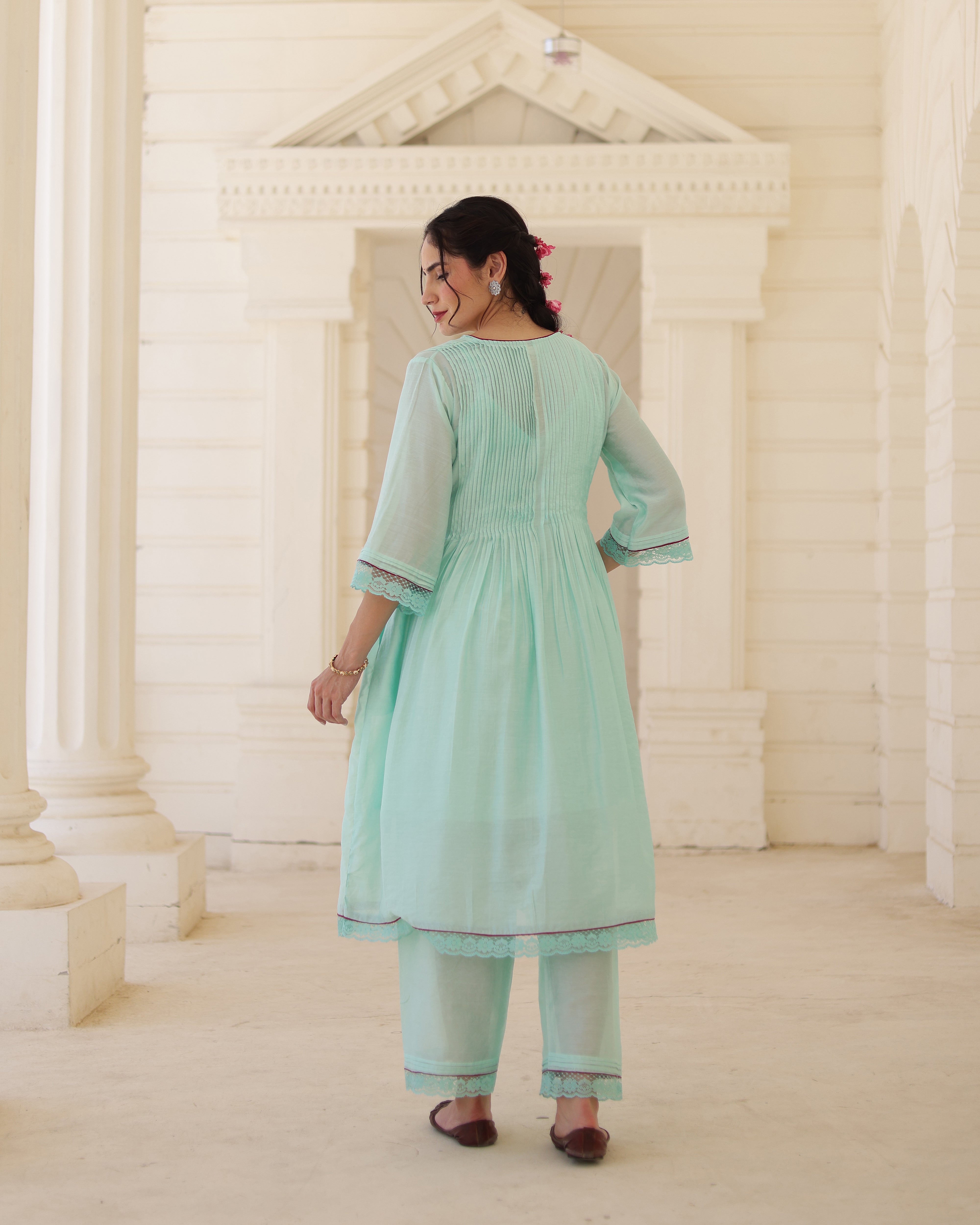 Floris Mint Chanderi Aari Embroidered Kurta Palazzo Set with Floral Dupatta