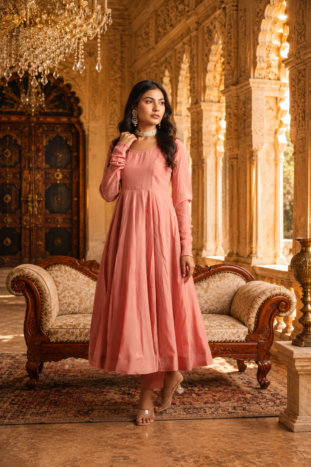 Rosewood Bloom - Mul Chanderi Anarkali Set With Matching Organza Dupatta