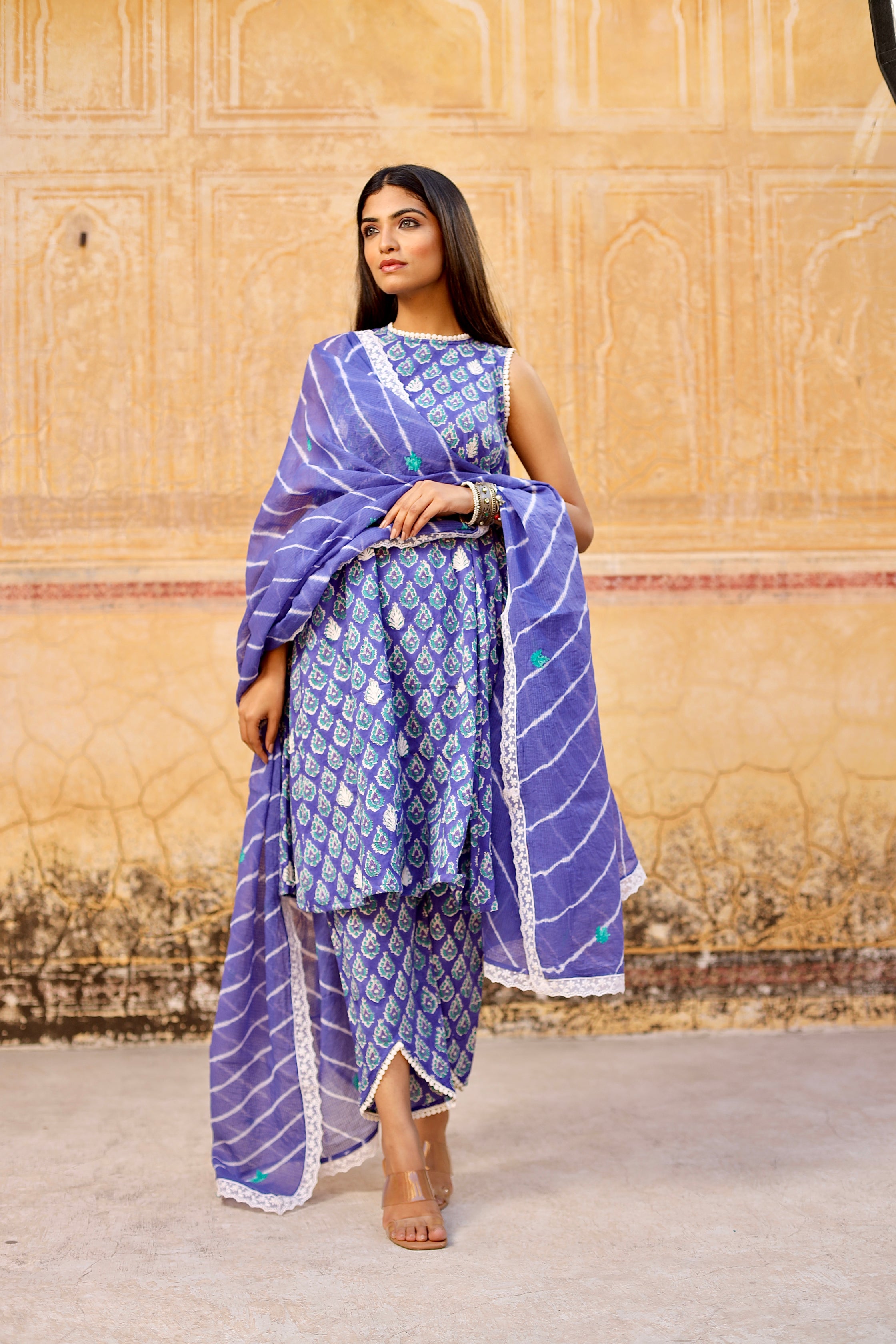 Blue handblock cotton straight set with Lehariya Dupatta Asrumo