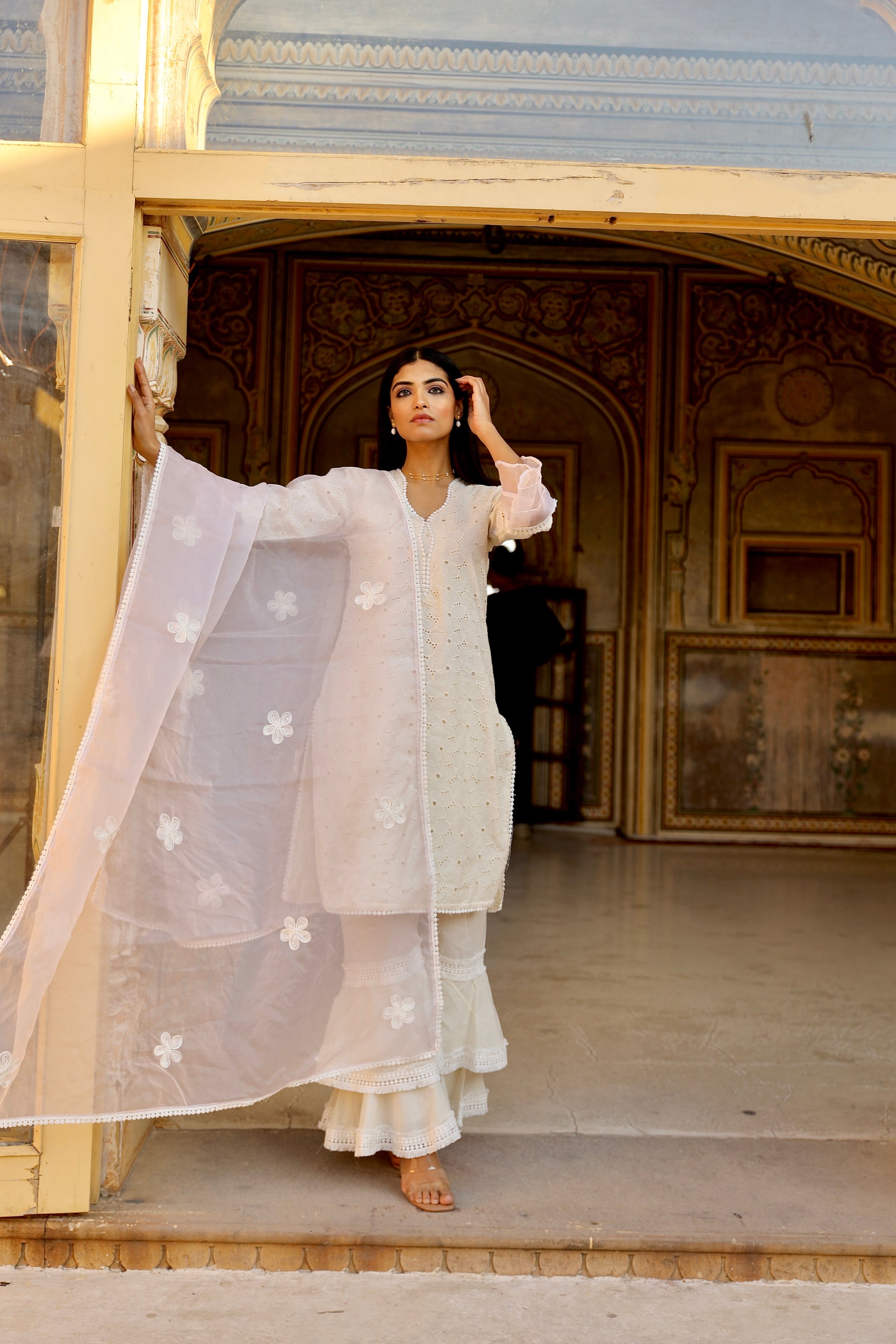 Off white schiffly kurta with frill pant and organza dupatta set Asrumo