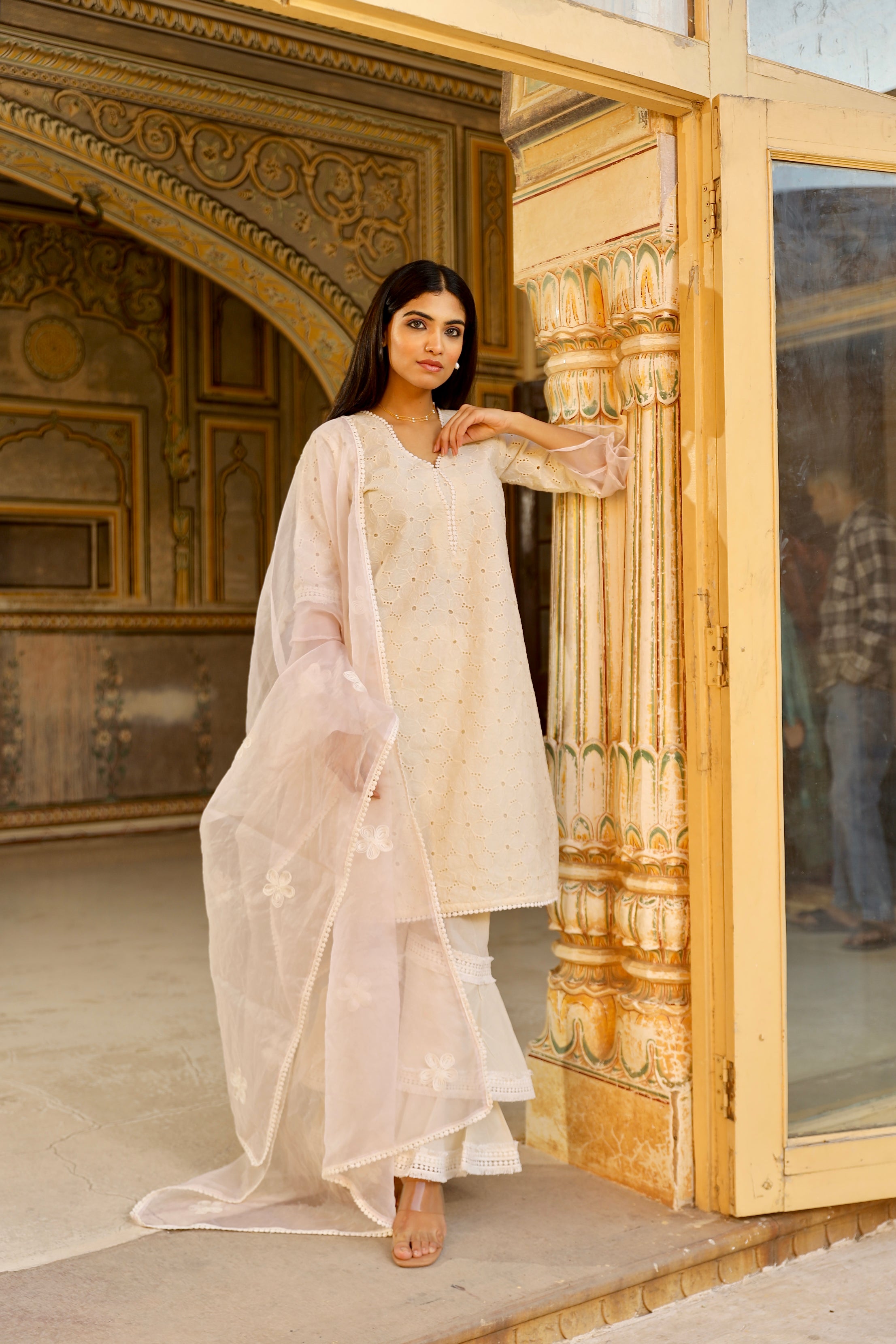 Off white schiffly kurta with frill pant and organza dupatta set Asrumo
