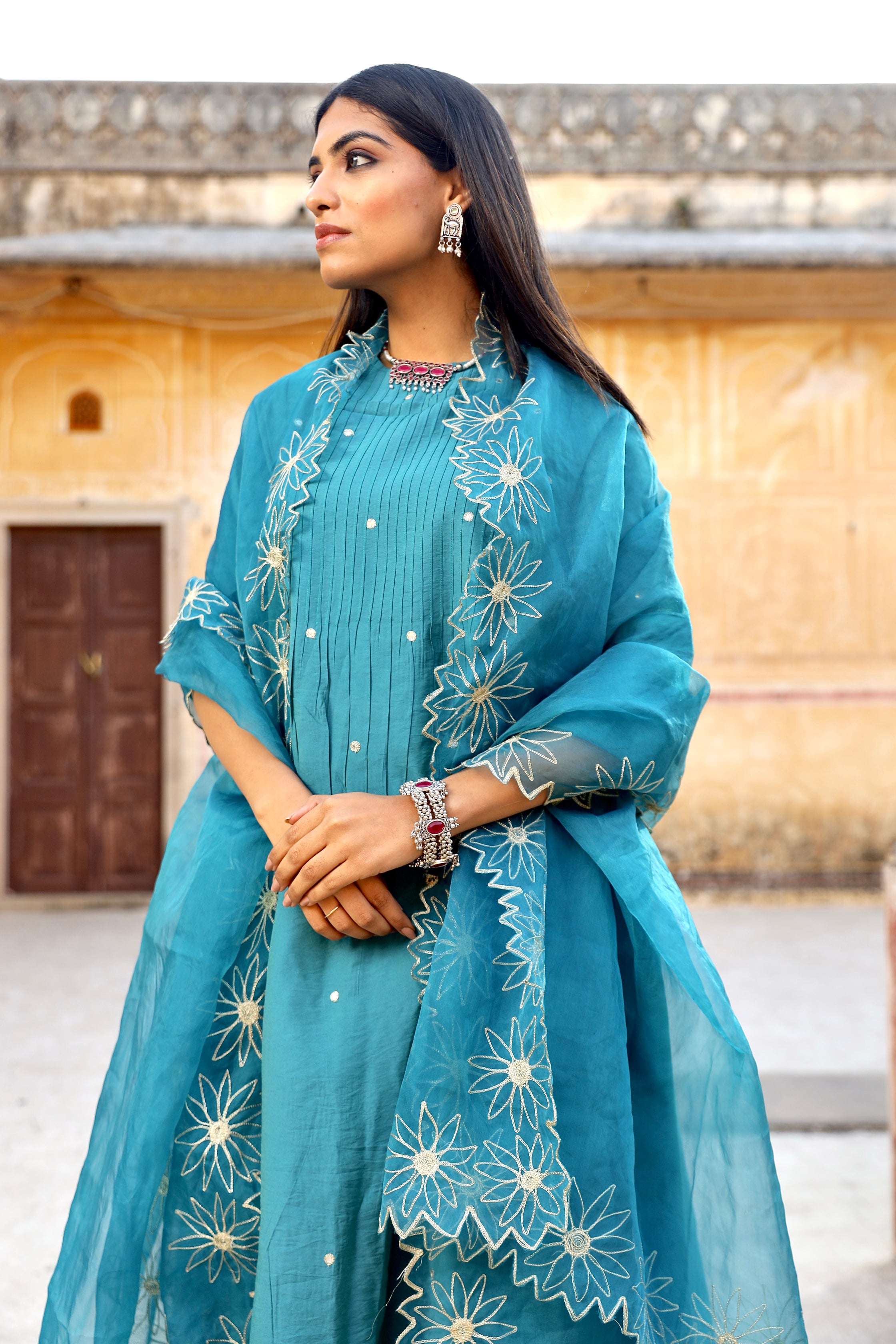 Chanderi pintuck mirror work A-line kurta set Asrumo