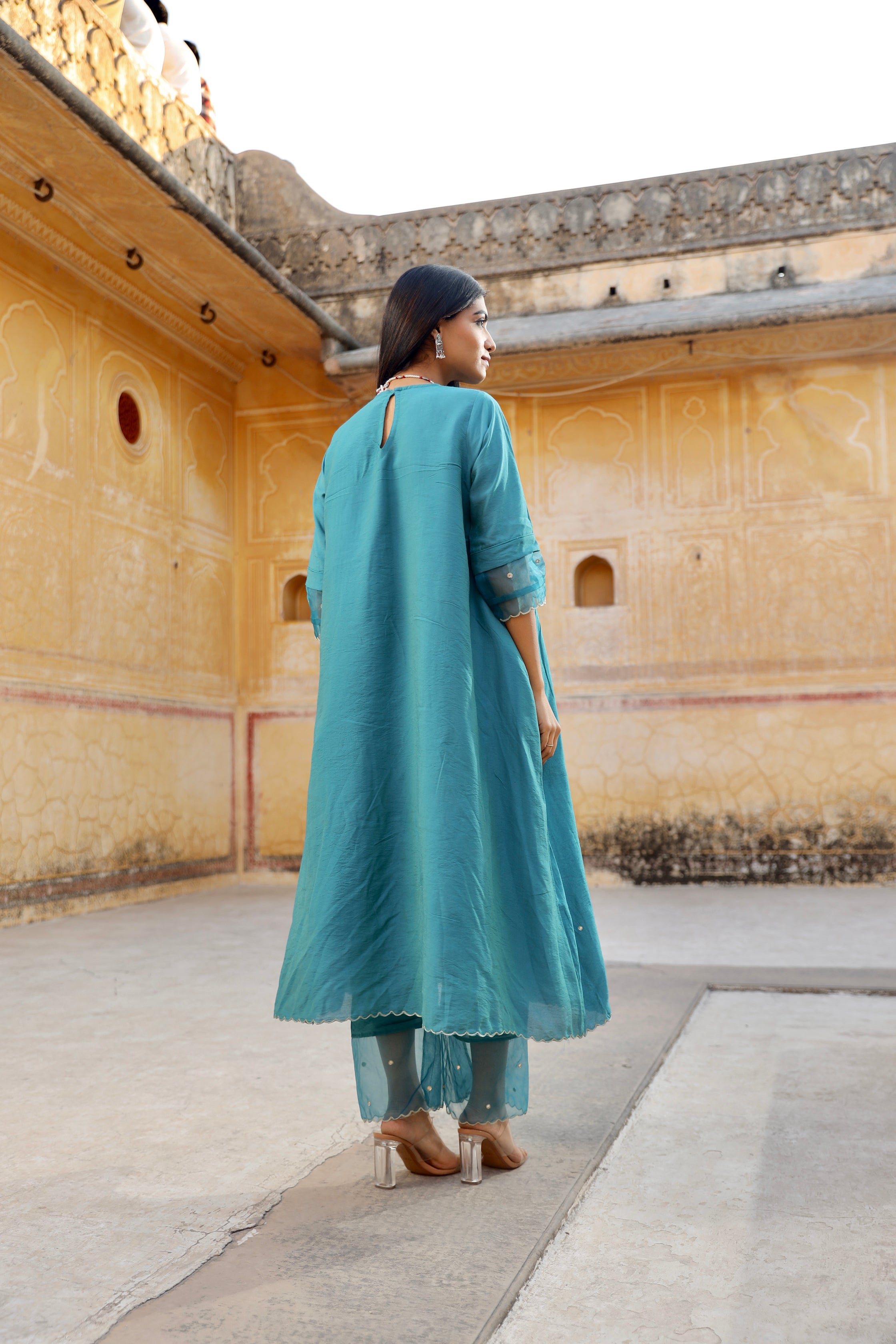 Chanderi pintuck mirror work A-line kurta set Asrumo