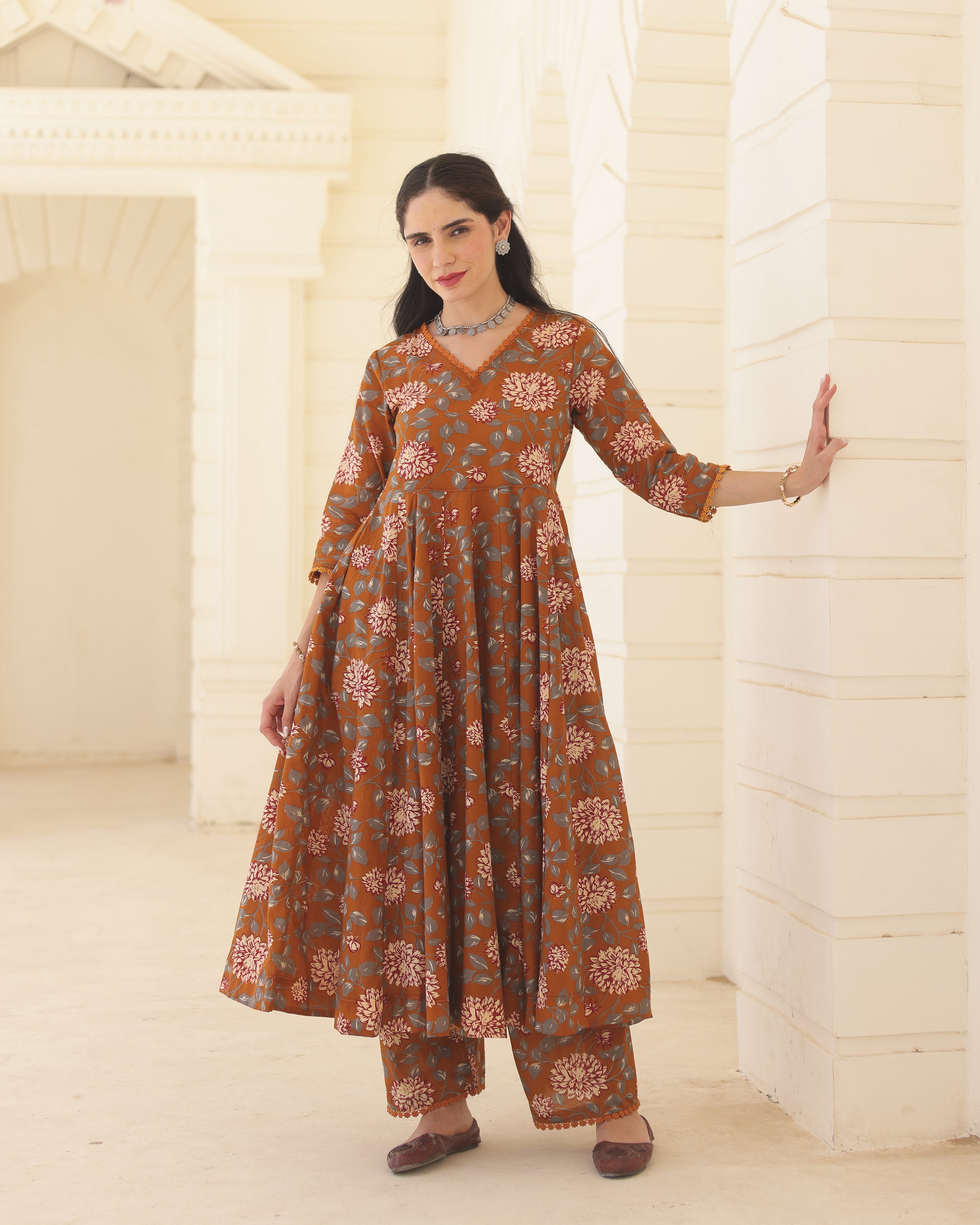 Amber Handblock Cotton Floral Anarkali Suit Set with Doriya Dupatta