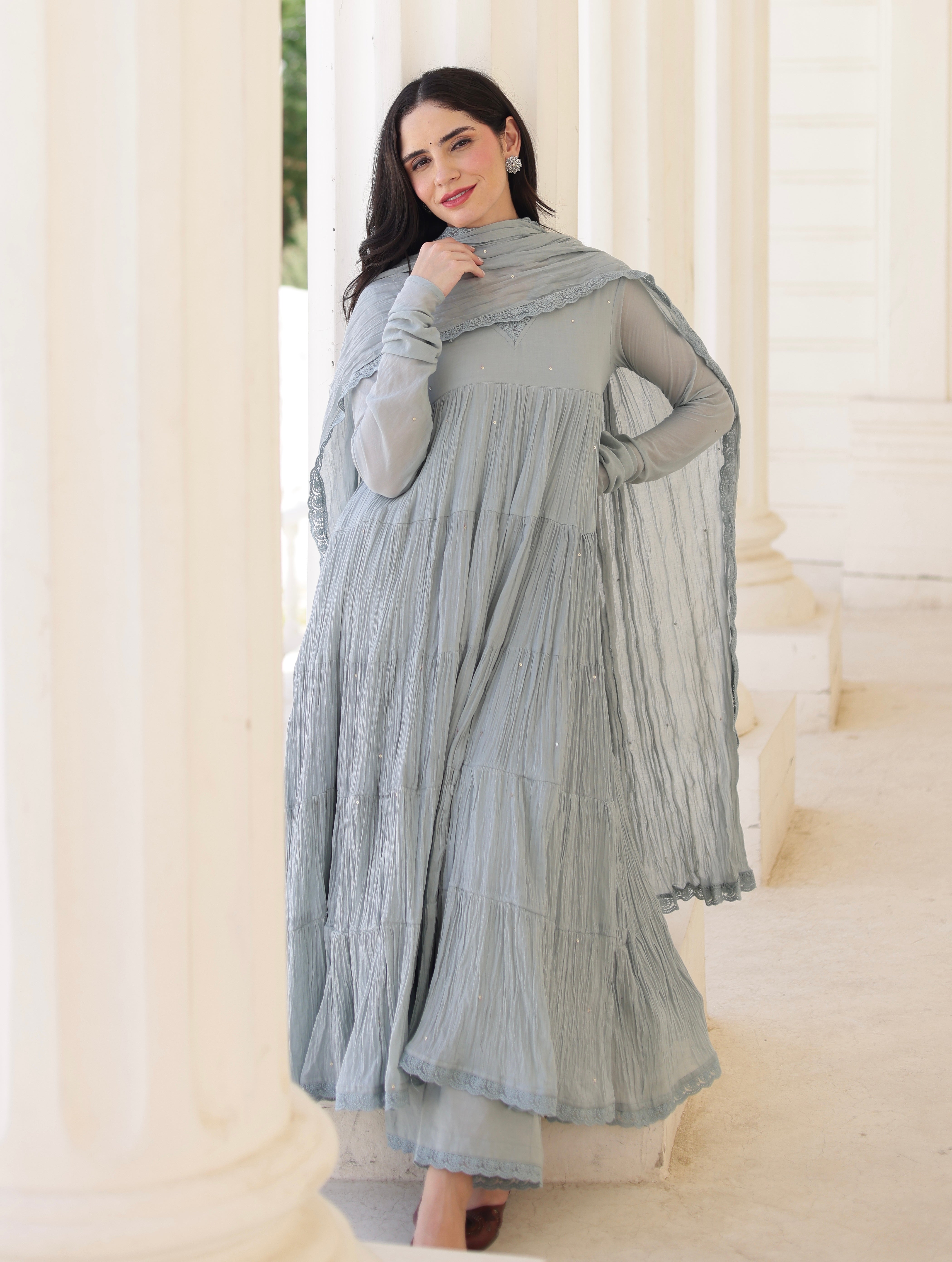 Aster Greyish Blue Cotton Mulmul Taari Embroidered Anarkali Suit Set