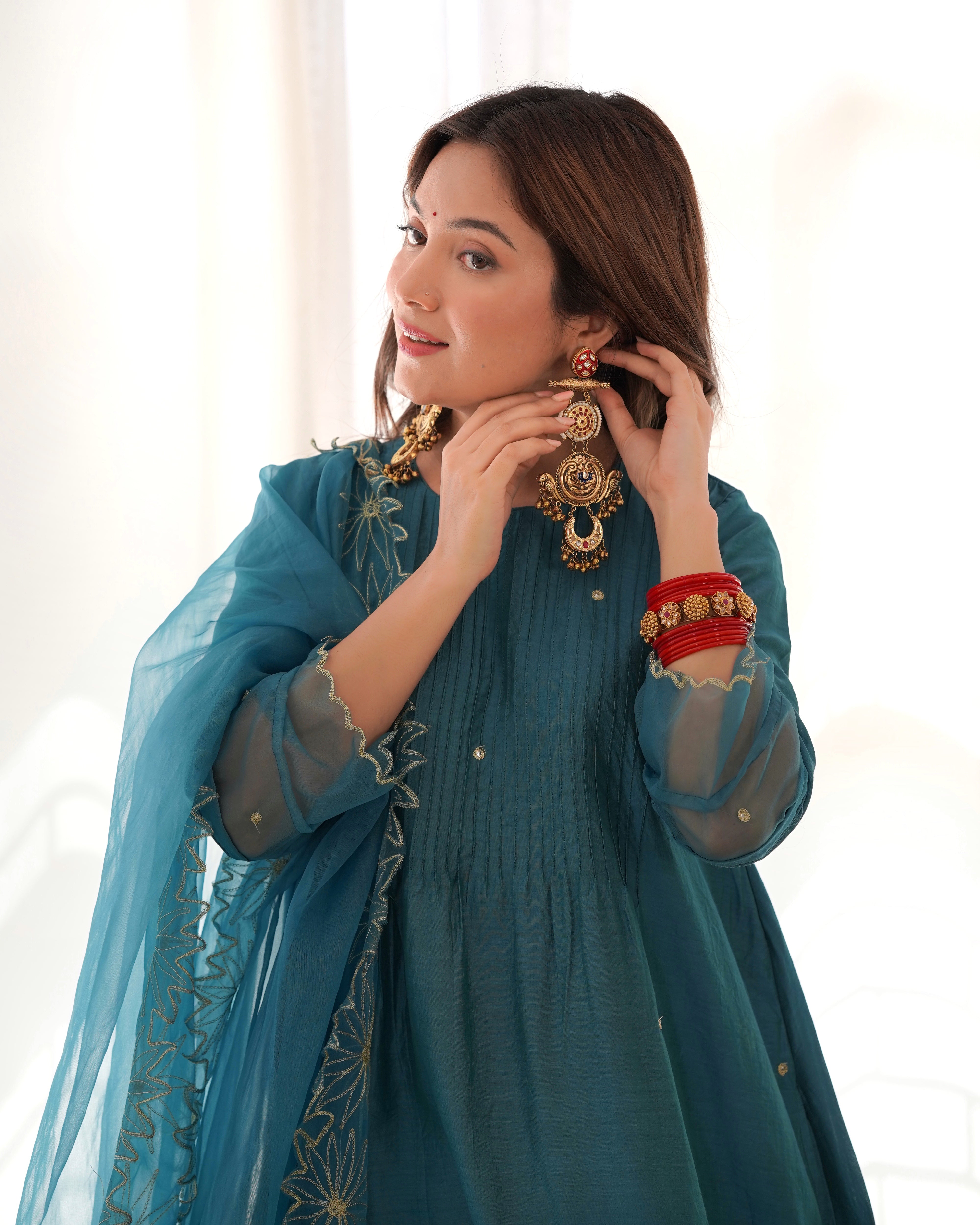 Chanderi pintuck mirror work A-line kurta set Asrumo