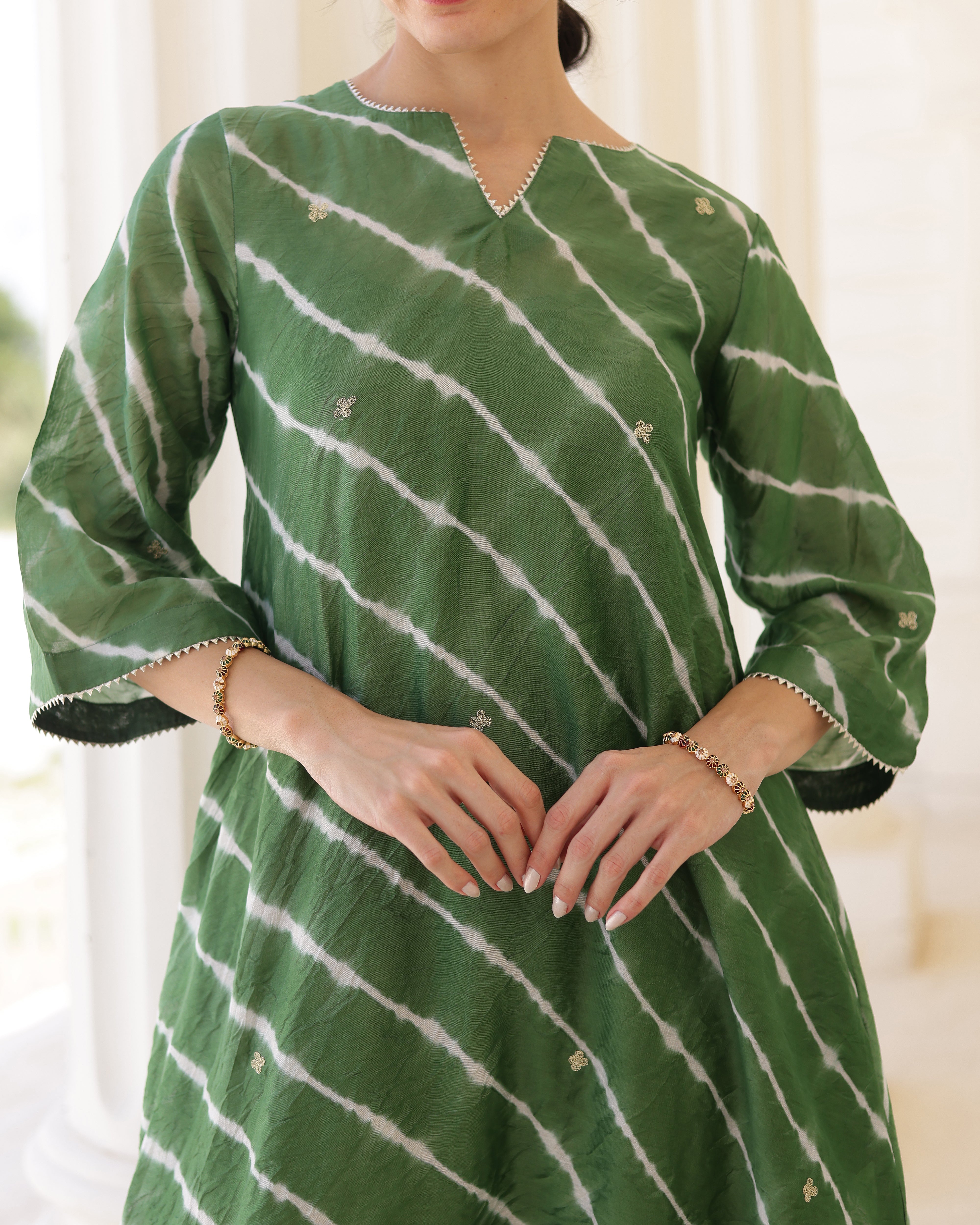 Verdant Forest Green Chanderi Hand Dyed Leheriya Kurta Set with Zari Aari Embroidery