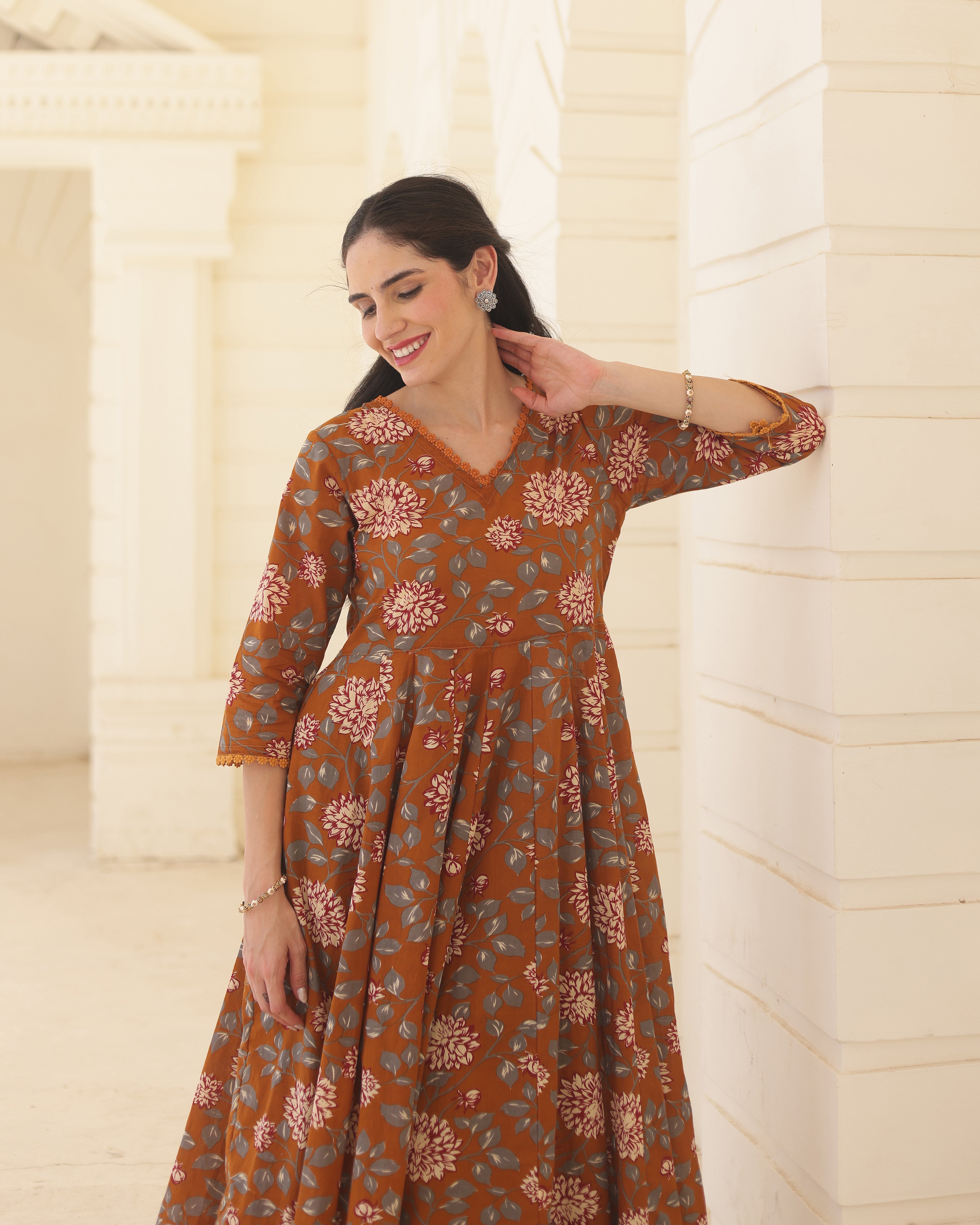 Amber Handblock Cotton Floral Anarkali Suit Set with Doriya Dupatta