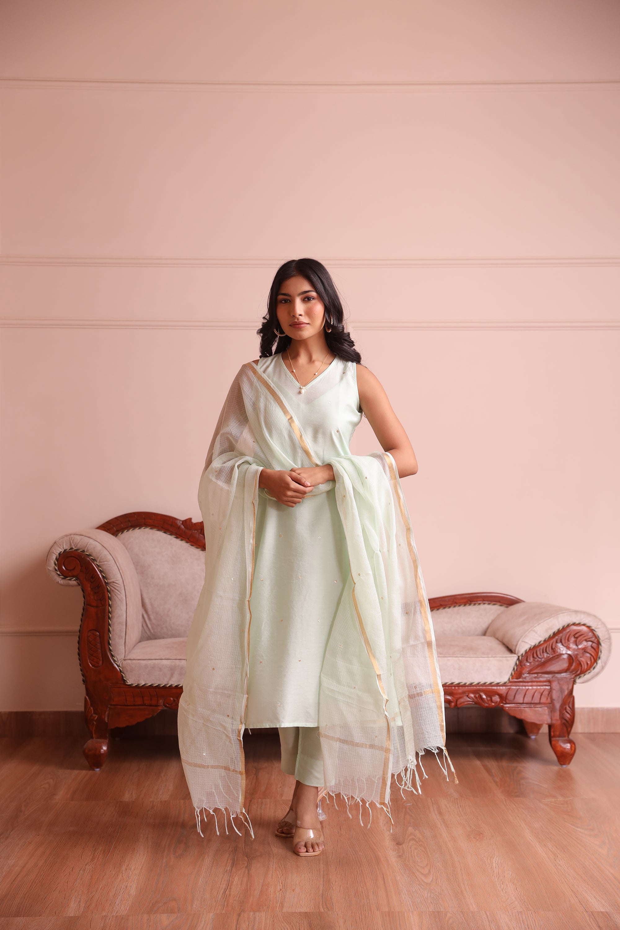 Pista Chanderi Embroidered Straight Set - Asrumo