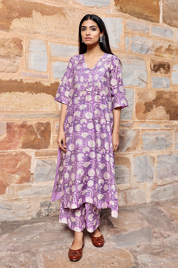 Purple flower print handblock chanderi kurta pant set