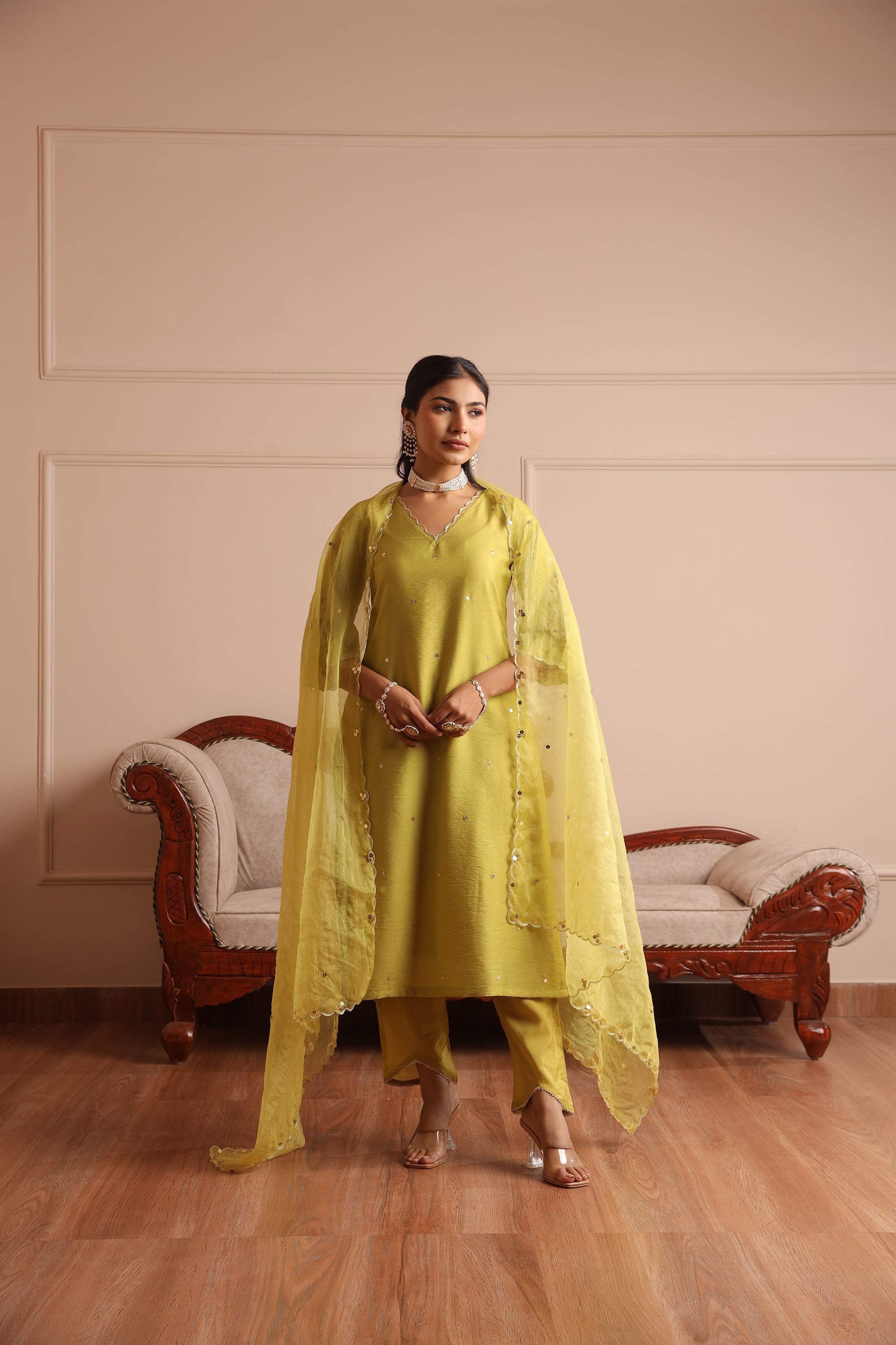 Lime Green Chanderi Embroidered Straight Set - Asrumo