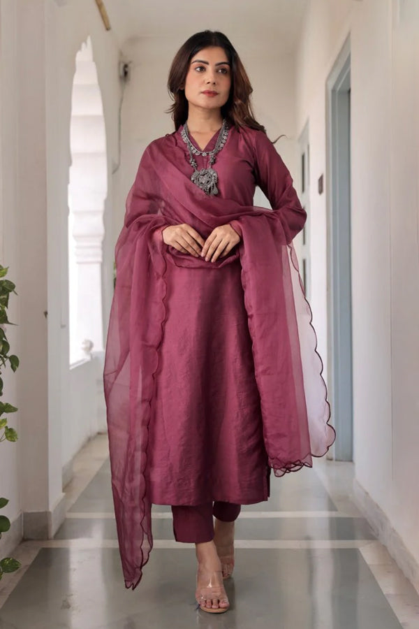 Purple Chanderi Straight Set With Organza Dupatta