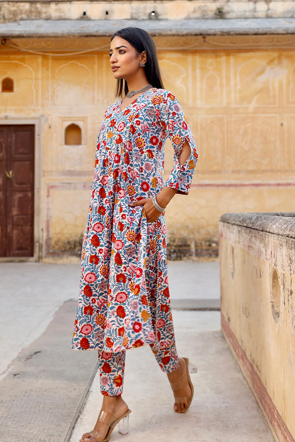 white handblock cotton straight set with mirror work organza dupatta