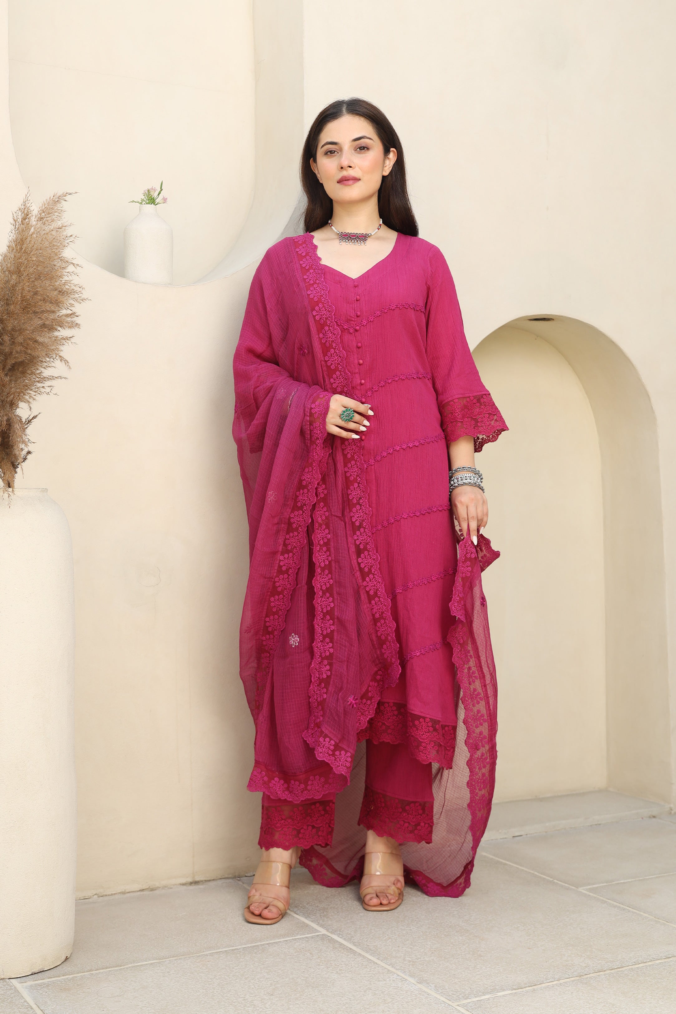 Magenta Bloom Cotton Gauze Suit Set Asrumo
