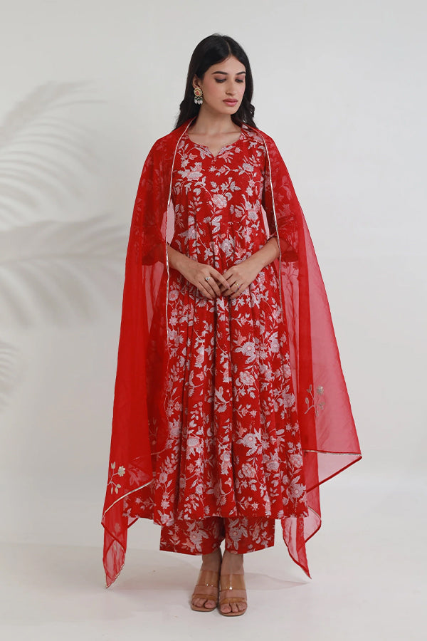 Red Jaal Handblock Cotton Anarkali with Organza gota work Dupatta