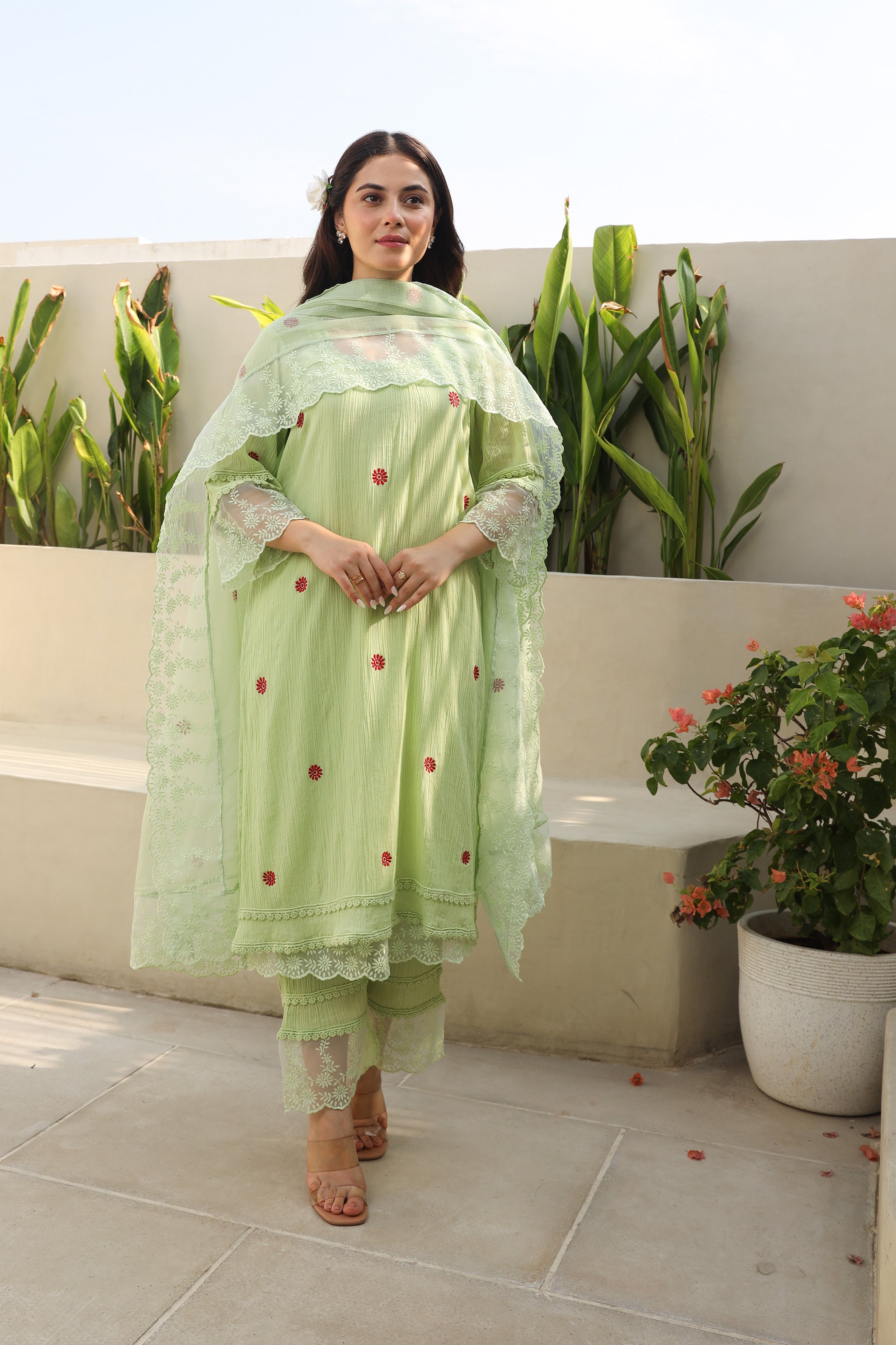 Floral Elegance Pista Cotton Gauze Kurta Set with Kota Doriya Dupatta Asrumo