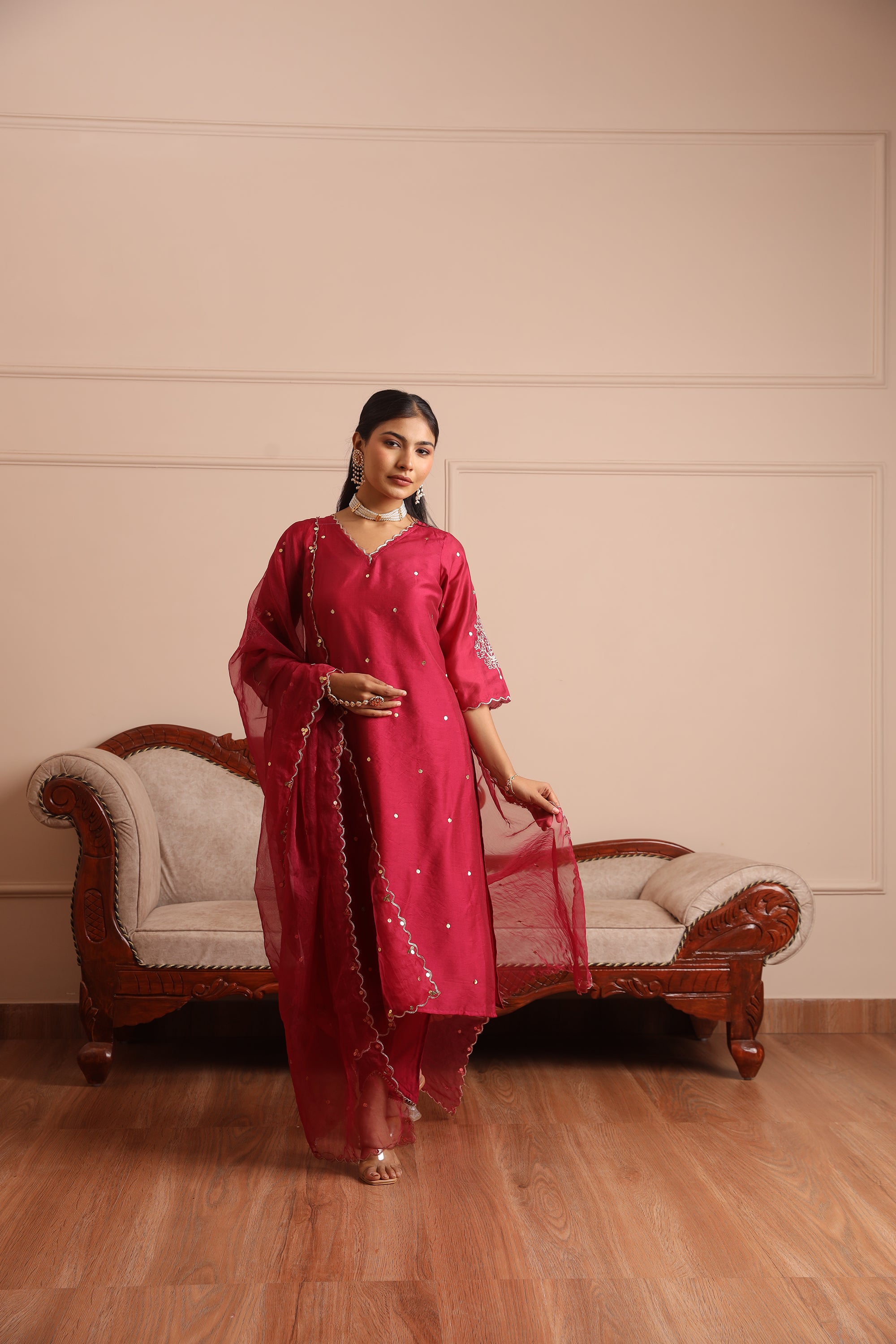 Magenta Embroidered Straight Set - Asrumo