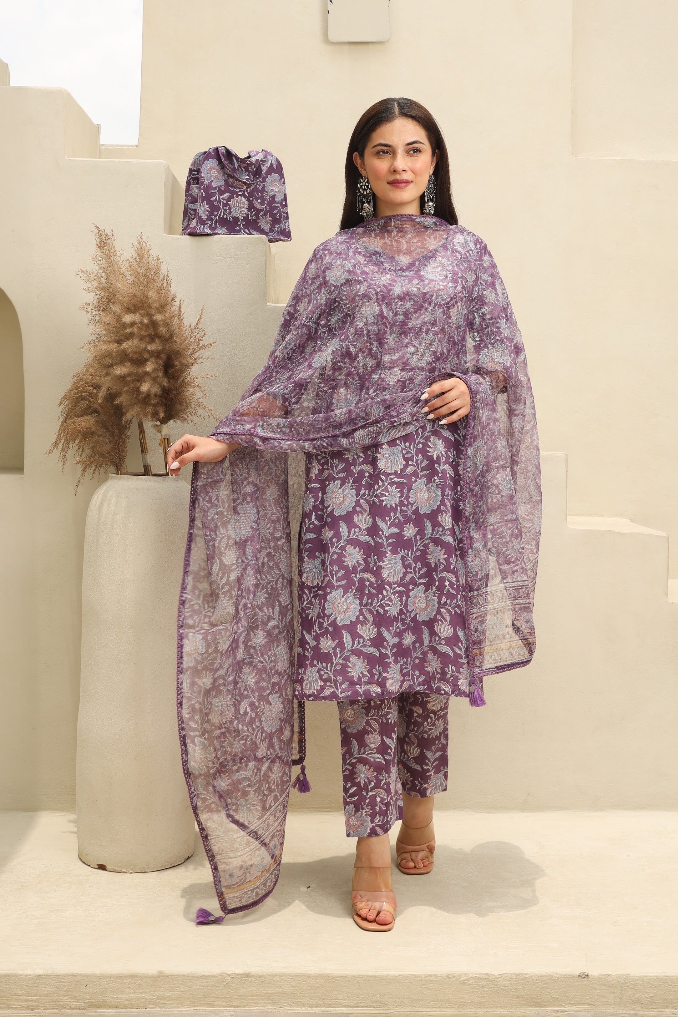 Purple Flowery Cotton Handblock Print Suit Set Asrumo