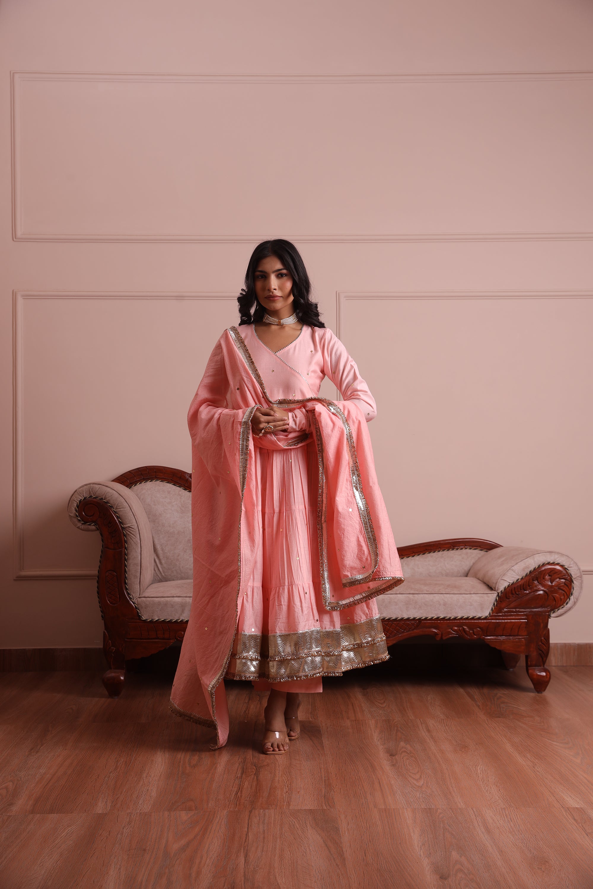 Light Pink Embroidered Chanderi Anarkali Set - Asrumo