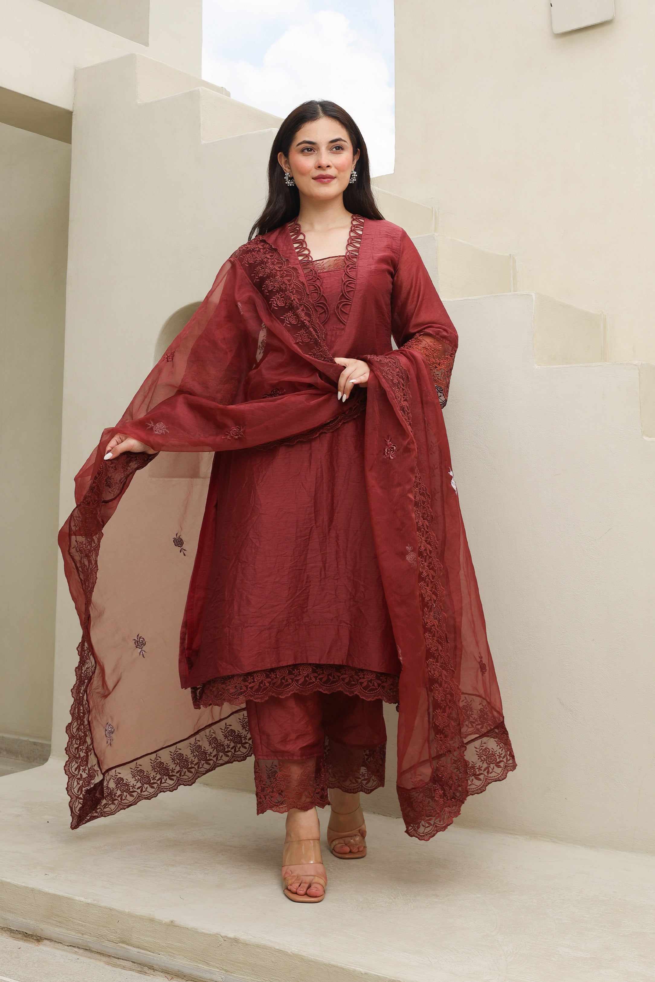 Maroon Elegance Chanderi Suit Set Asrumo