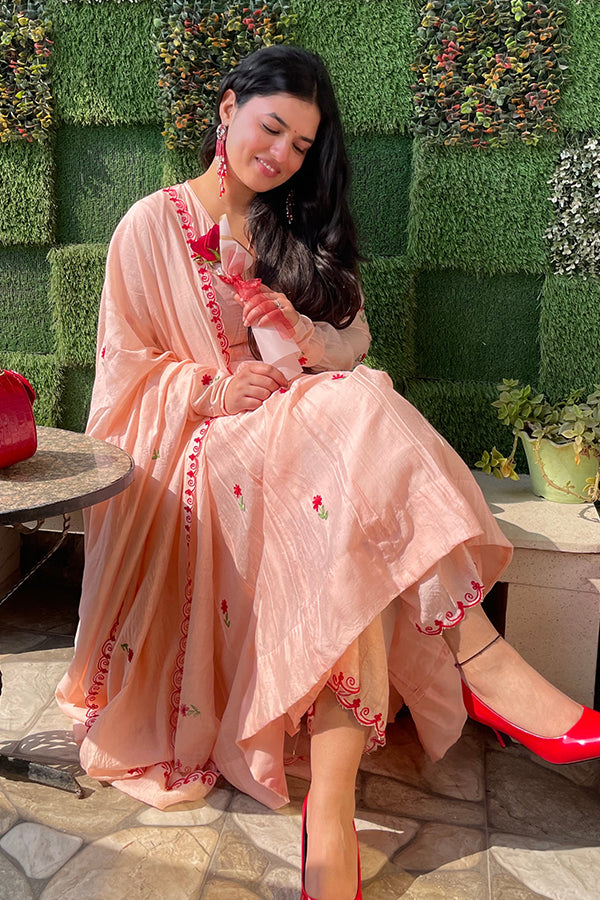 Chanderi peach embroidered anarkali set