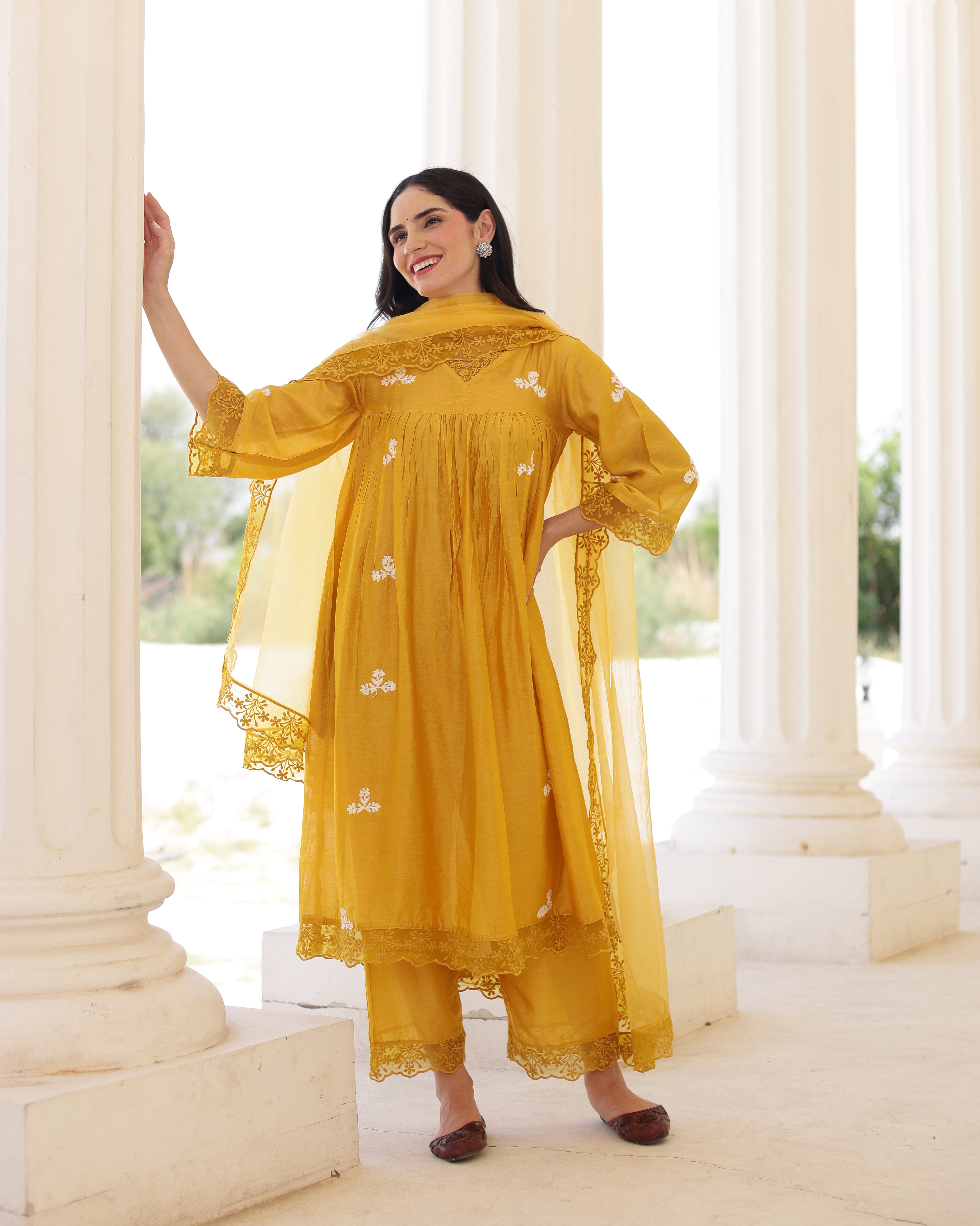 Solea Golden Chanderi Aari Embroidered Kurta Palazzo Set with Lace Dupatta