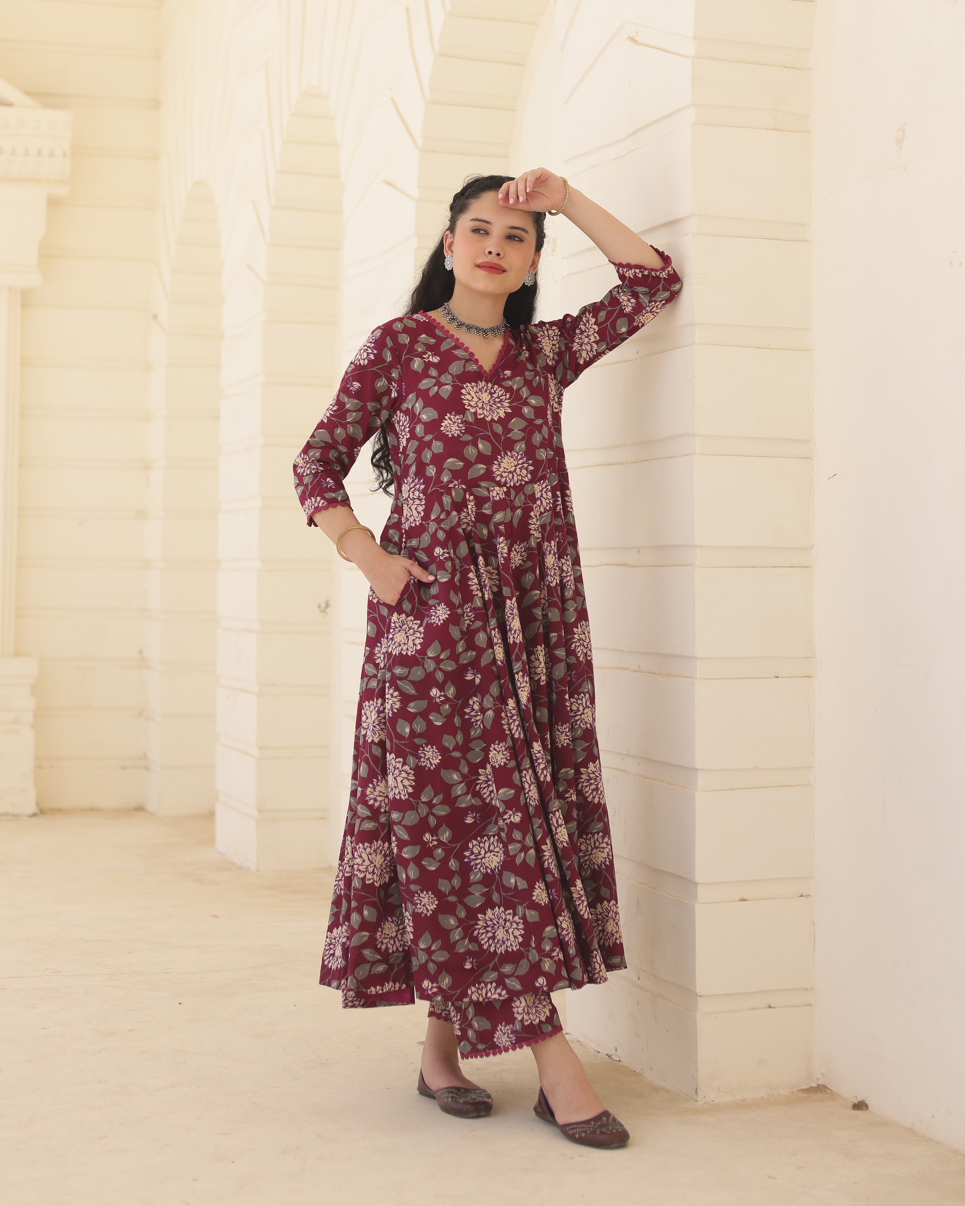 Burgundy Bloom Handblock Cotton Floral Anarkali Suit Set with Doriya Dupatta