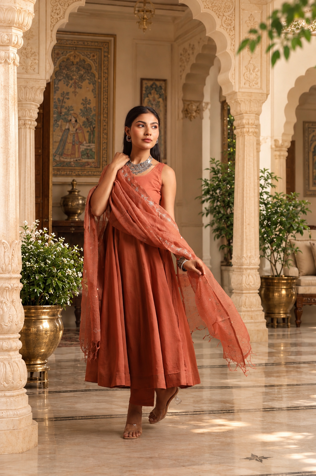 Brown Mulmul Anarkali Set With Taari And Zari Embroidred Doriya Dupatta