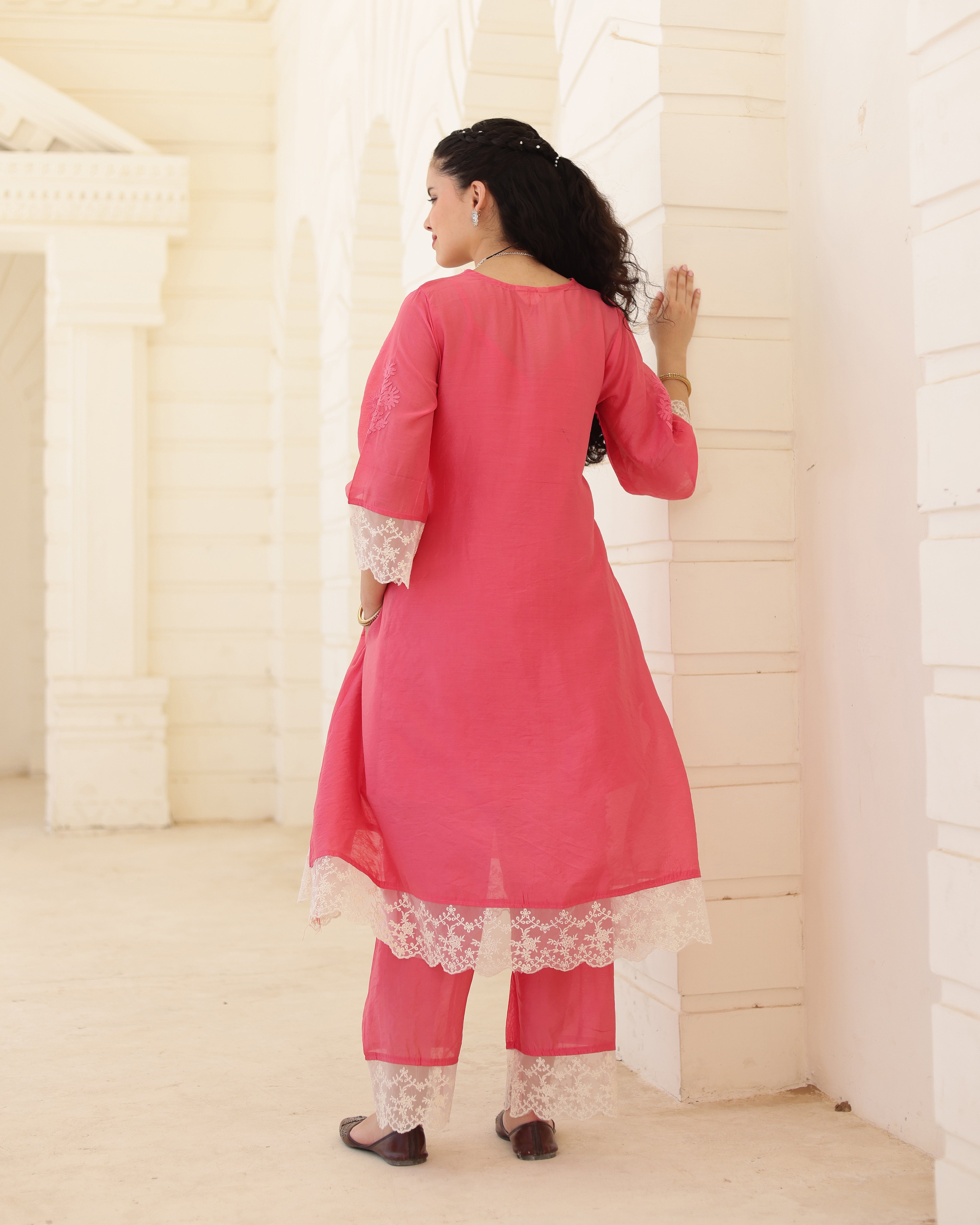 Roséline Pink Chanderi Aari Embroidered Suit Set with Lace Dupatta