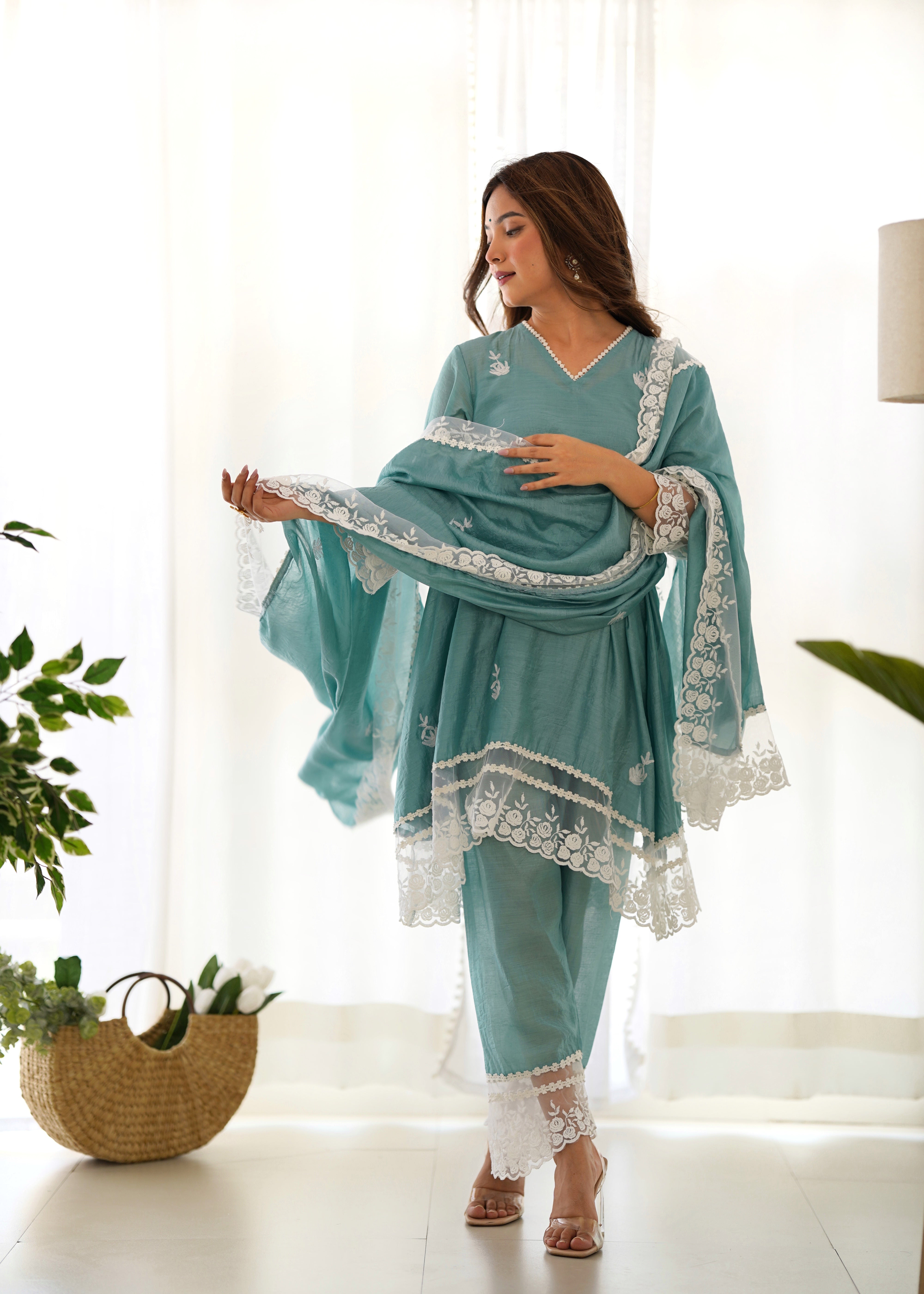 Mint Aari Embroidery lace detailing A-line set