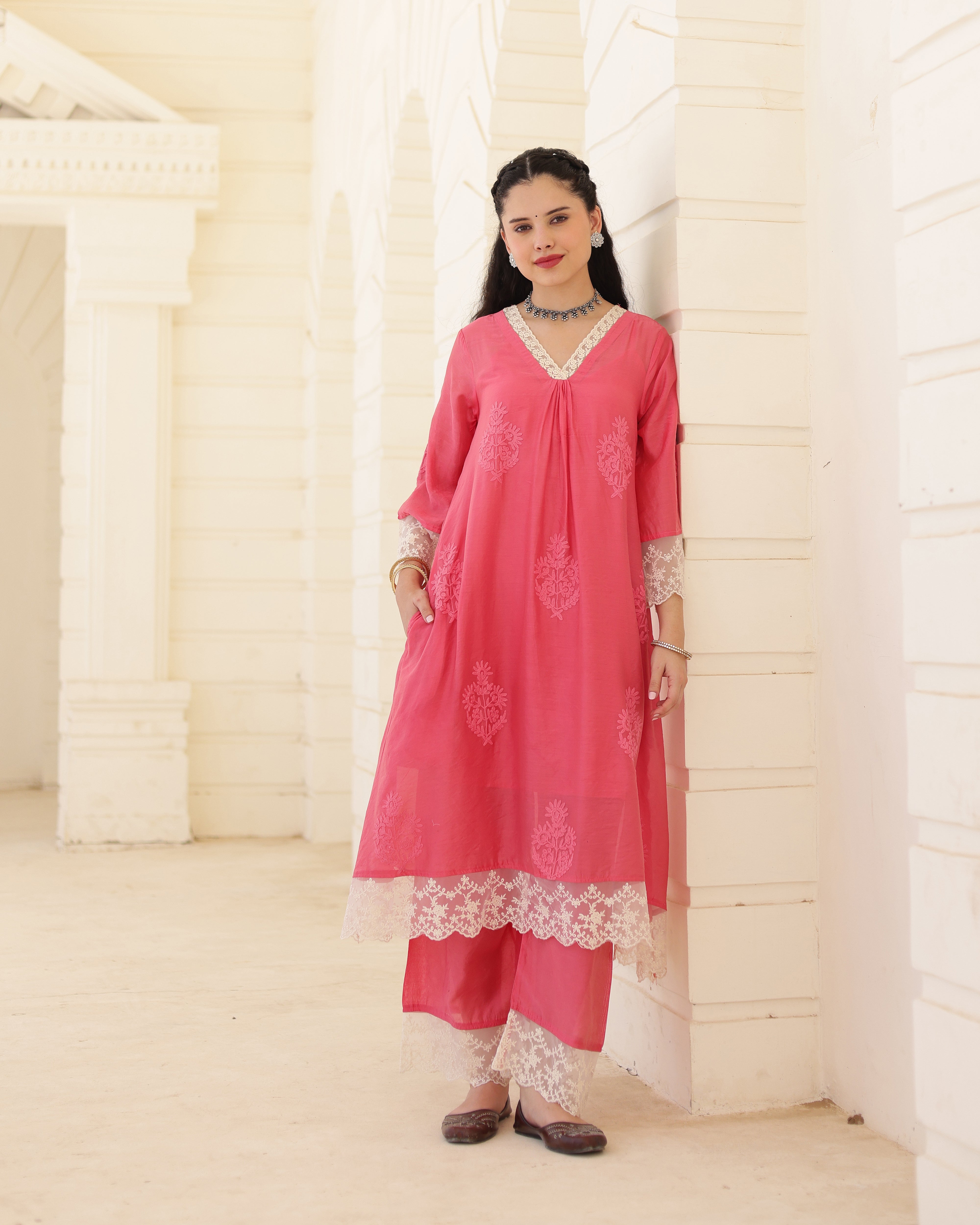 Roséline Pink Chanderi Aari Embroidered Suit Set with Lace Dupatta