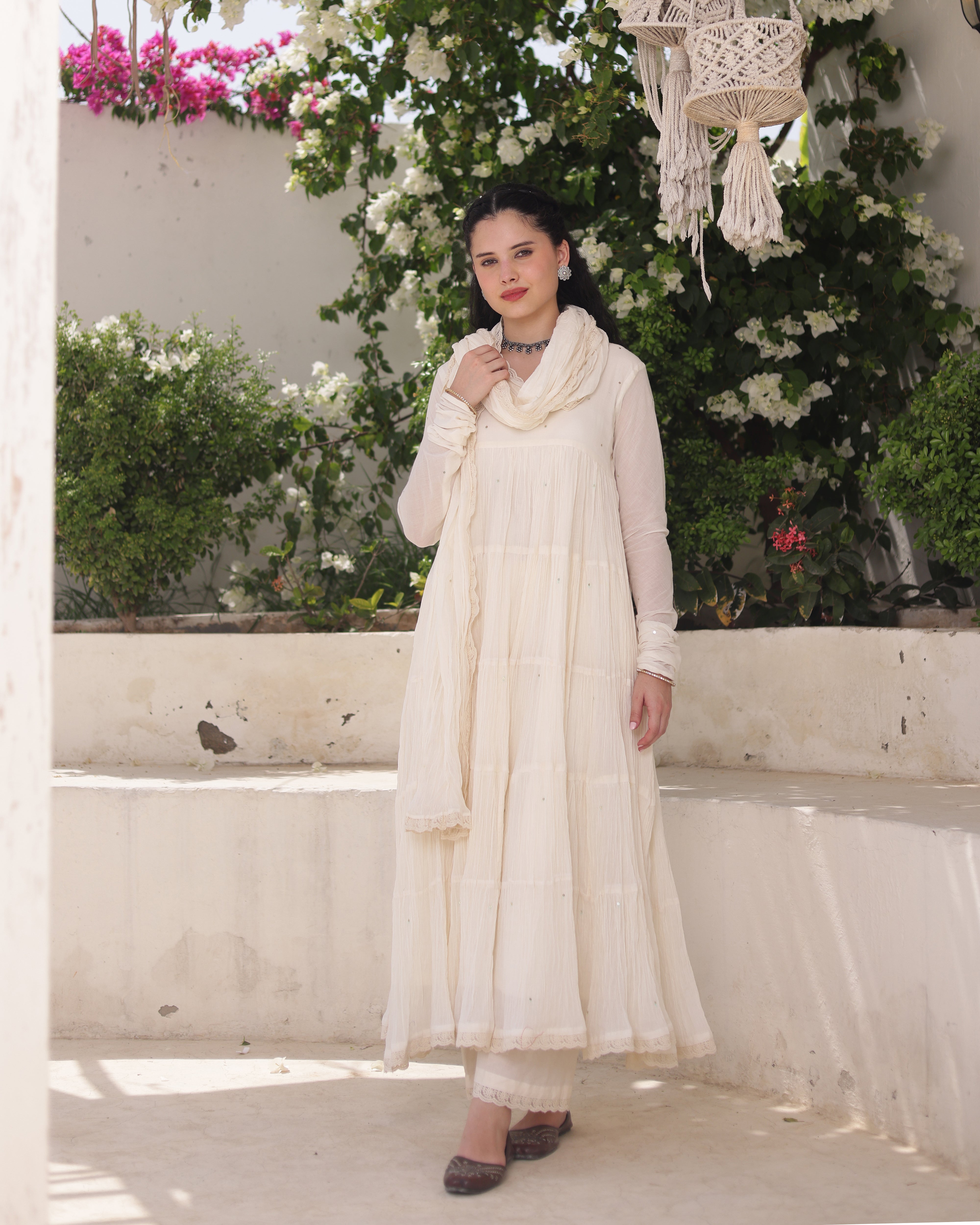 Ivory Noor Cotton Mulmul Anarkali Suit Set with Taari Work Dupatta
