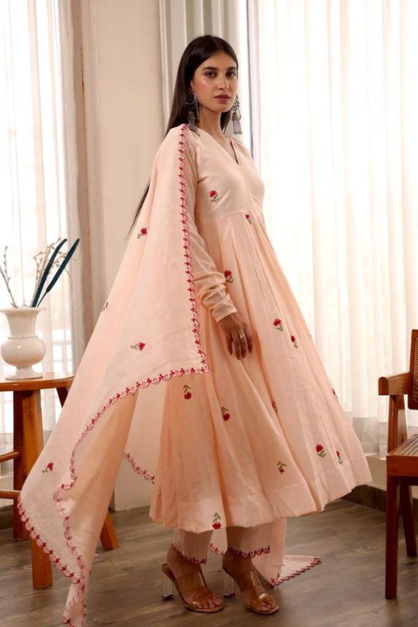 Chanderi peach embroidered anarkali set