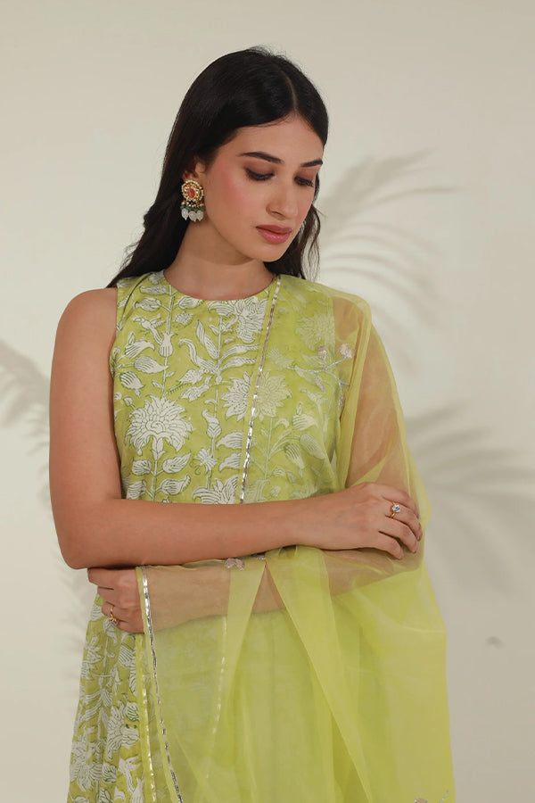 Pista Jaal Handblock Cotton Anarkali with Organza gota work Dupatta