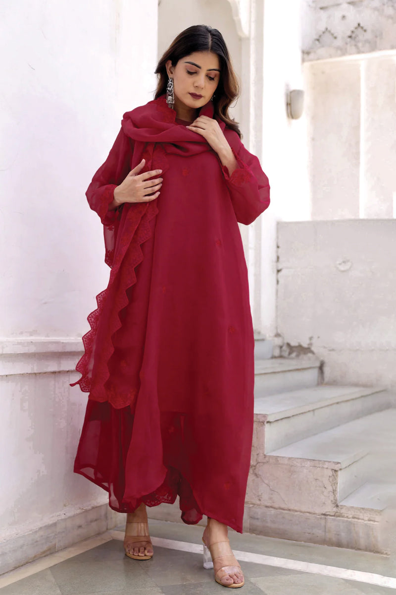 Red Hand Aari Embroidery Viscose Organza Three Kali Kurta Set - Asrumo