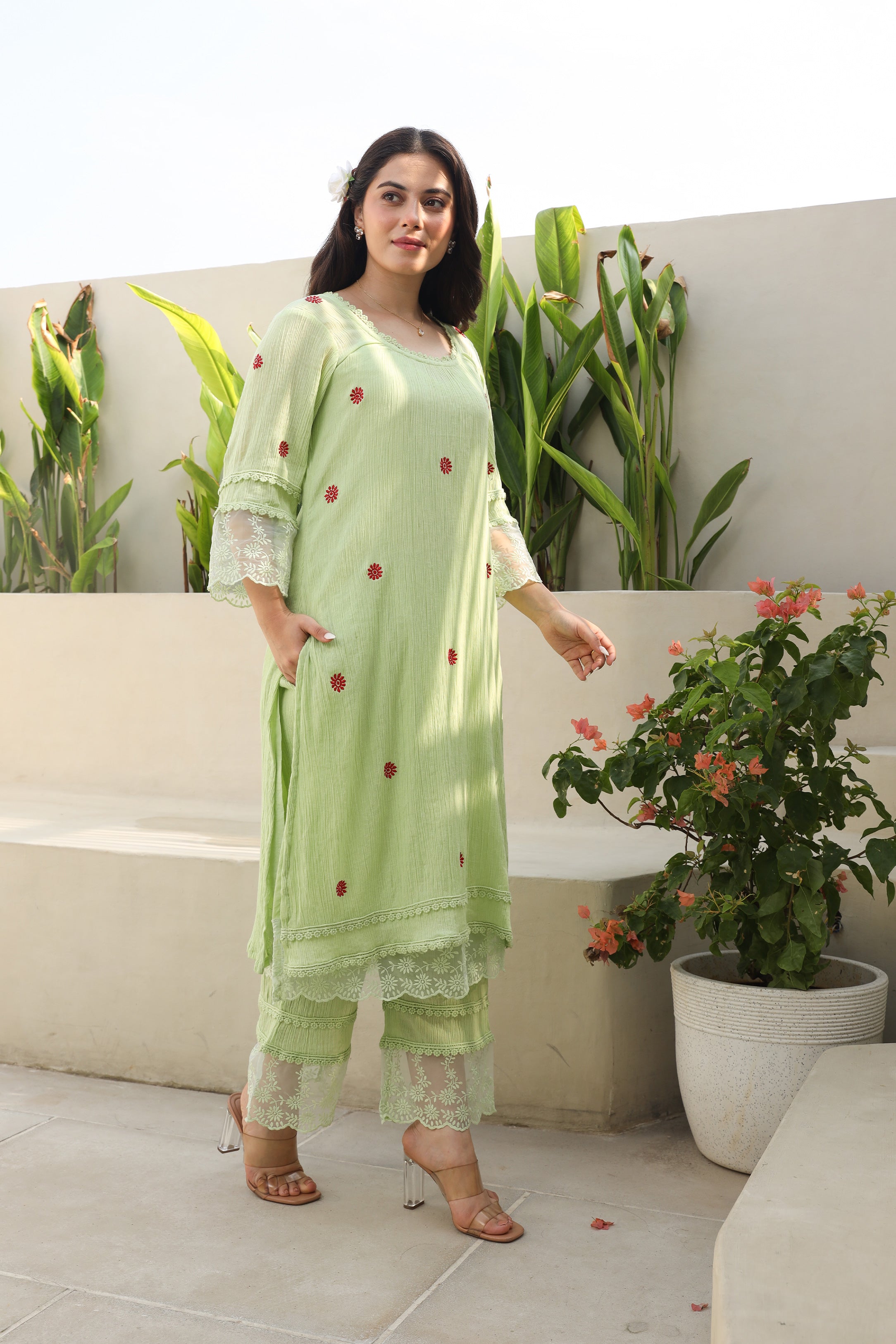 Floral Elegance Pista Cotton Gauze Kurta Set with Kota Doriya Dupatta Asrumo