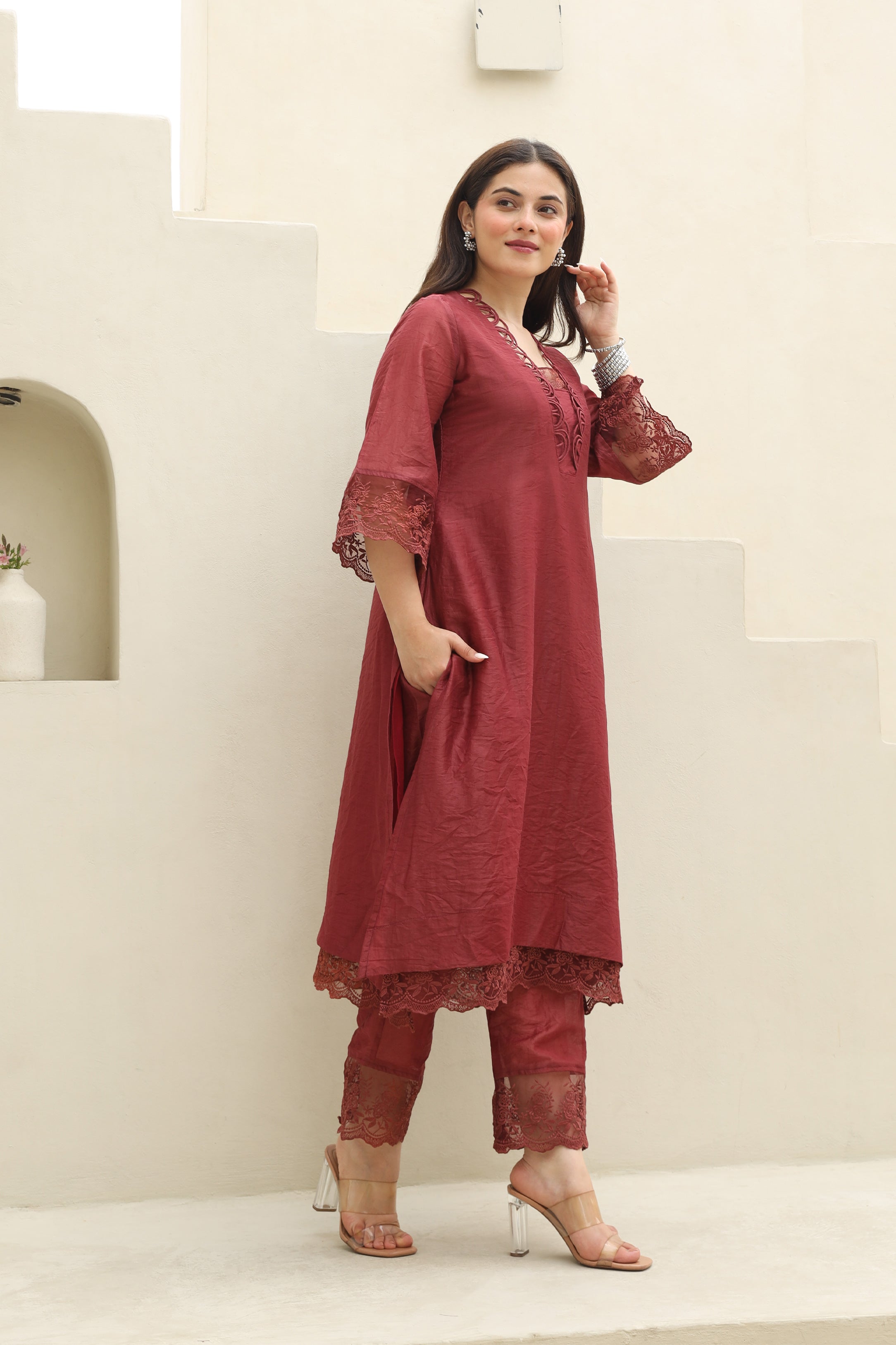 Maroon Elegance Chanderi Suit Set Asrumo