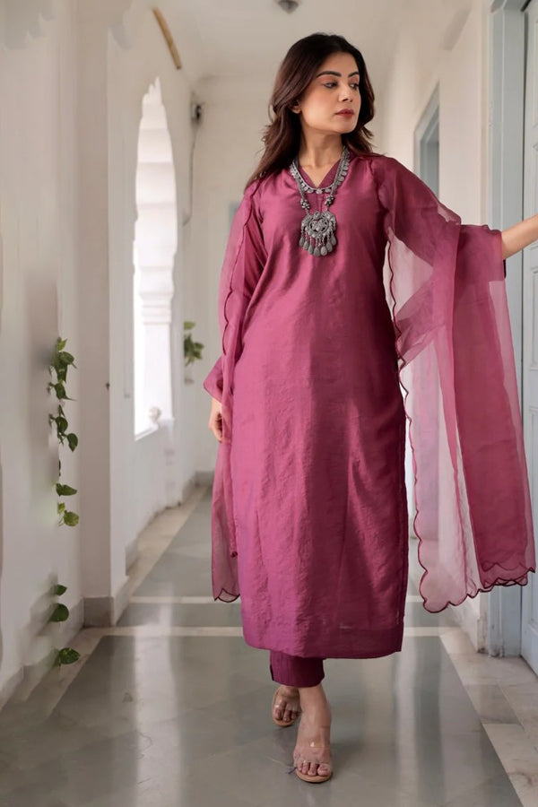 Purple Chanderi Straight Set With Organza Dupatta