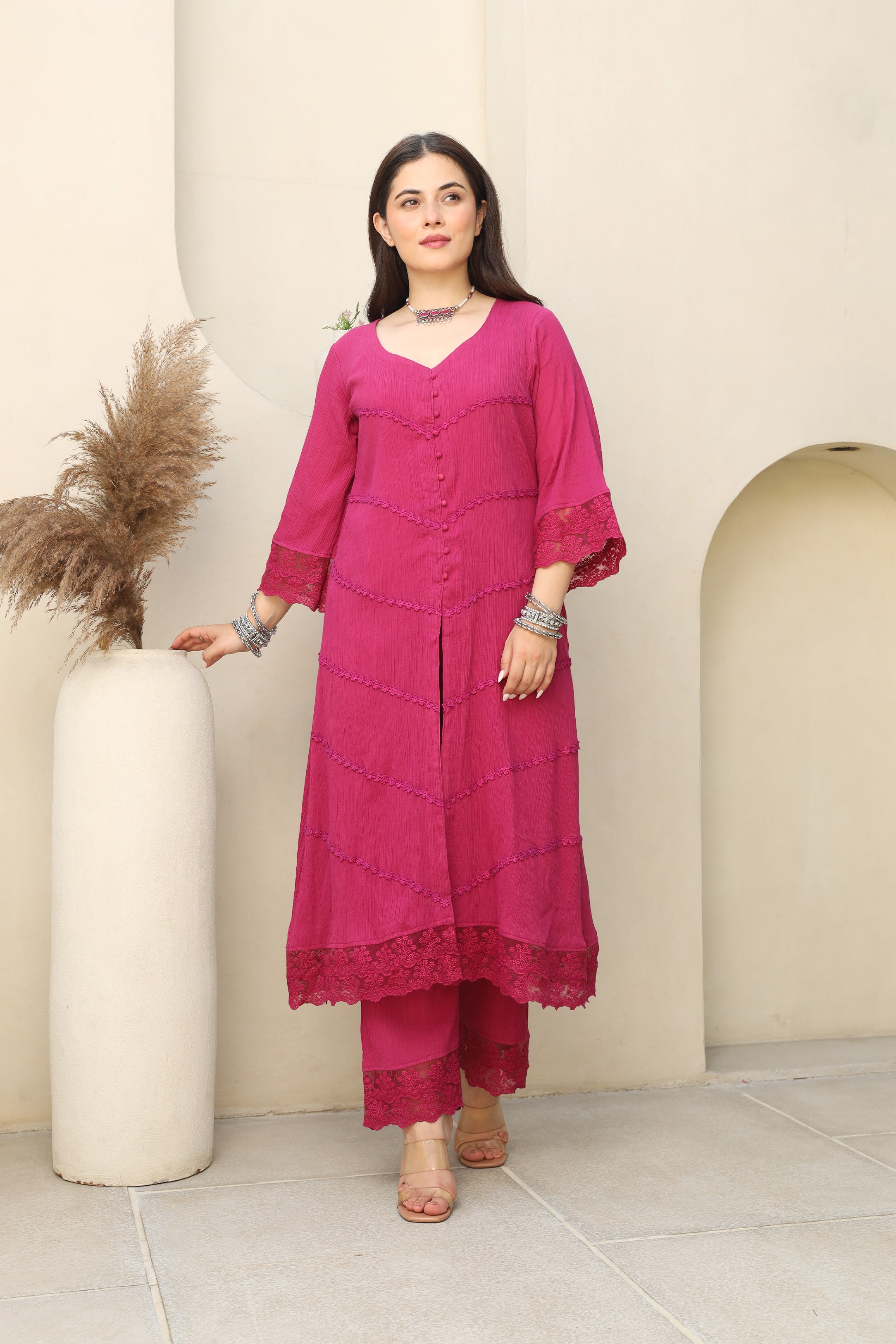 Magenta Bloom Cotton Gauze Suit Set Asrumo