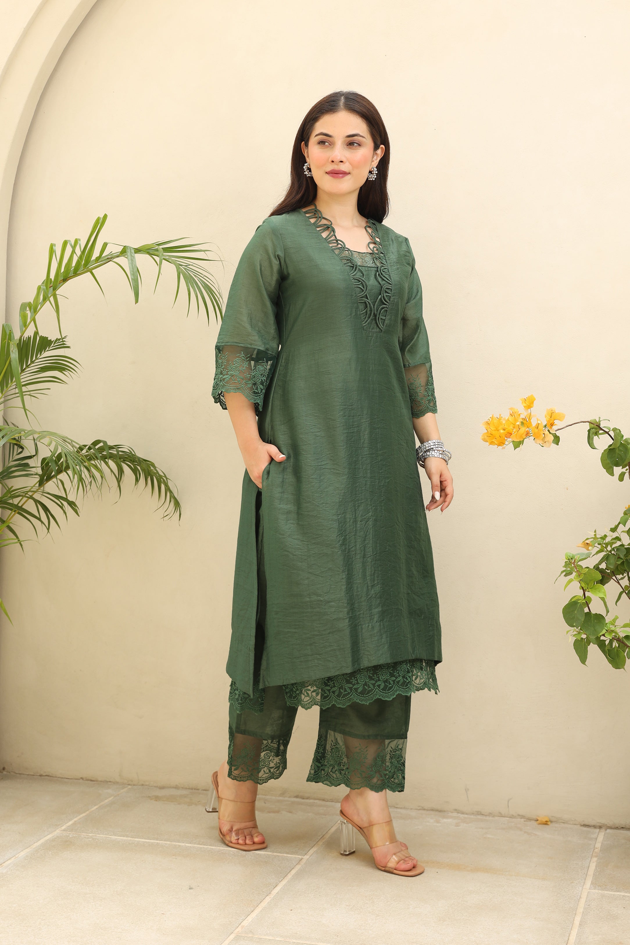 Emerald Elegance Chanderi fabric suit set Asrumo