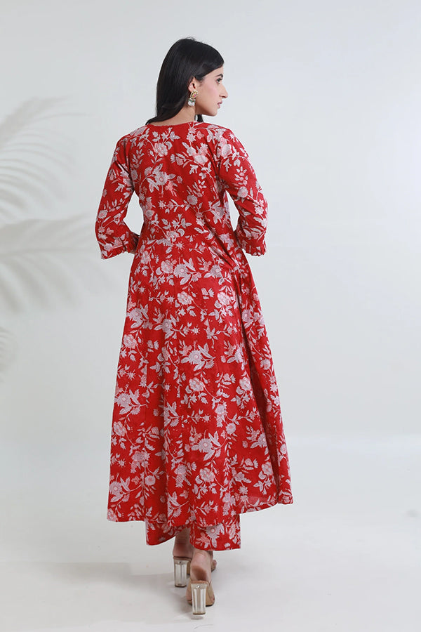 Red Jaal Handblock Cotton Anarkali with Organza gota work Dupatta