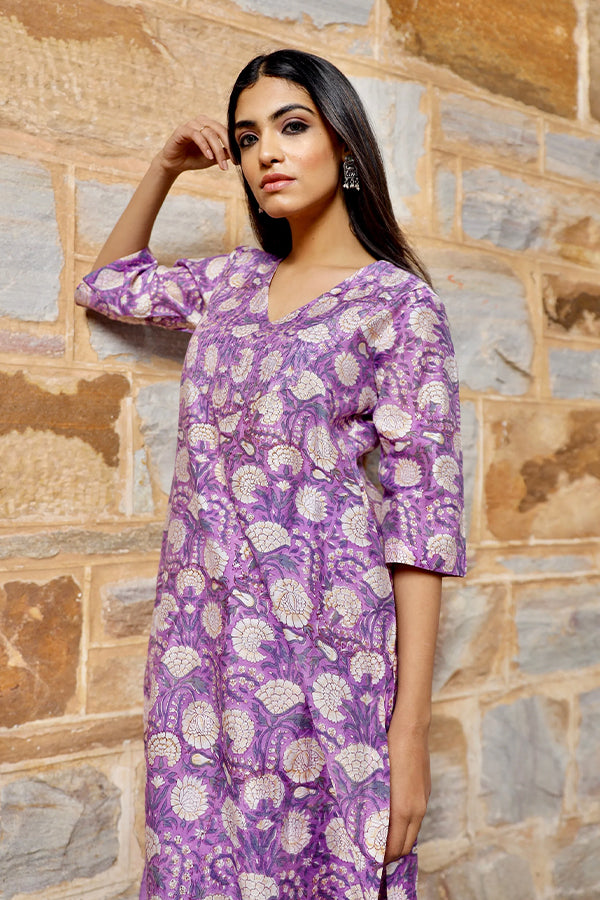 Purple flower print handblock chanderi kurta pant set