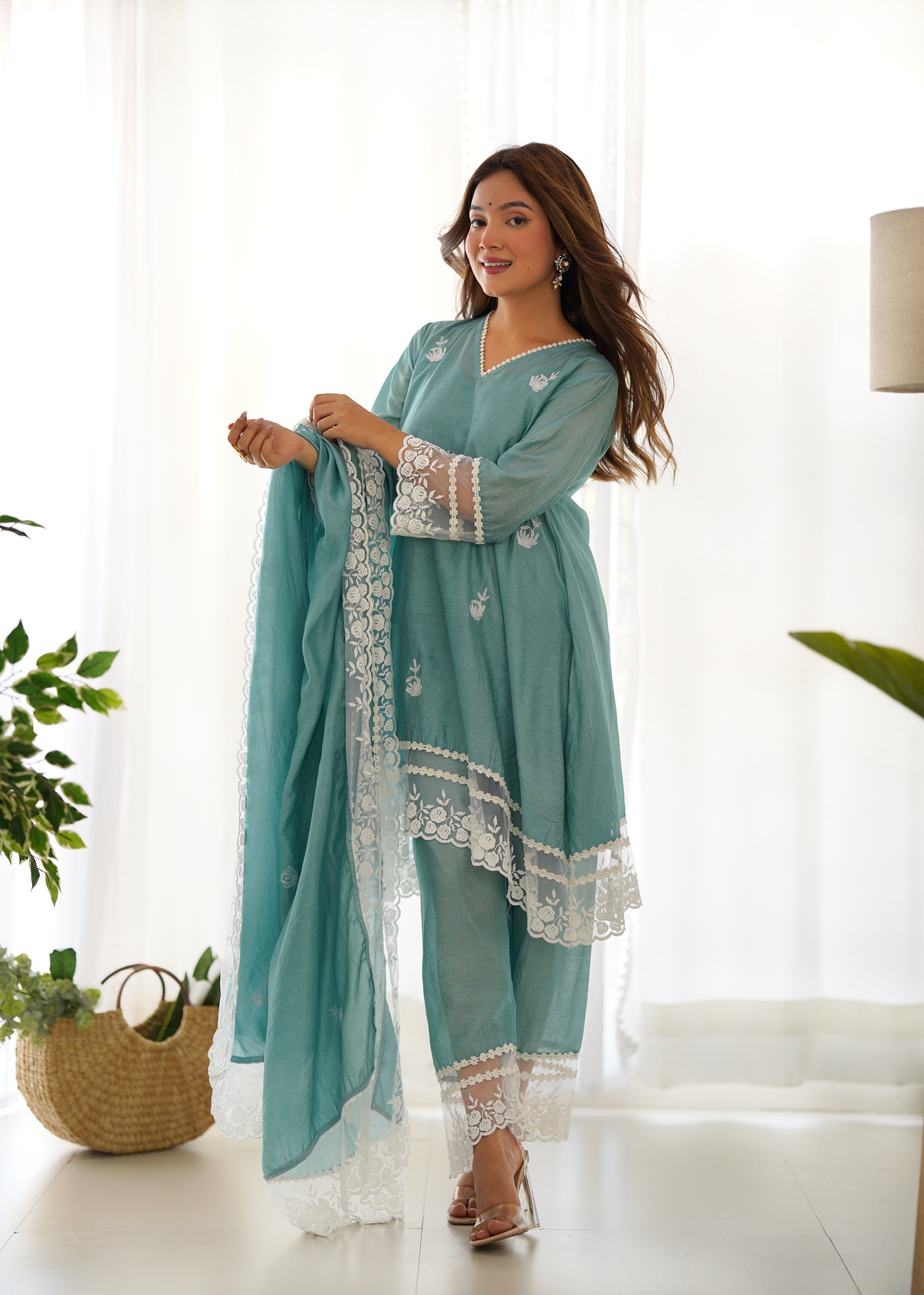 Mint Aari Embroidery lace detailing A-line set