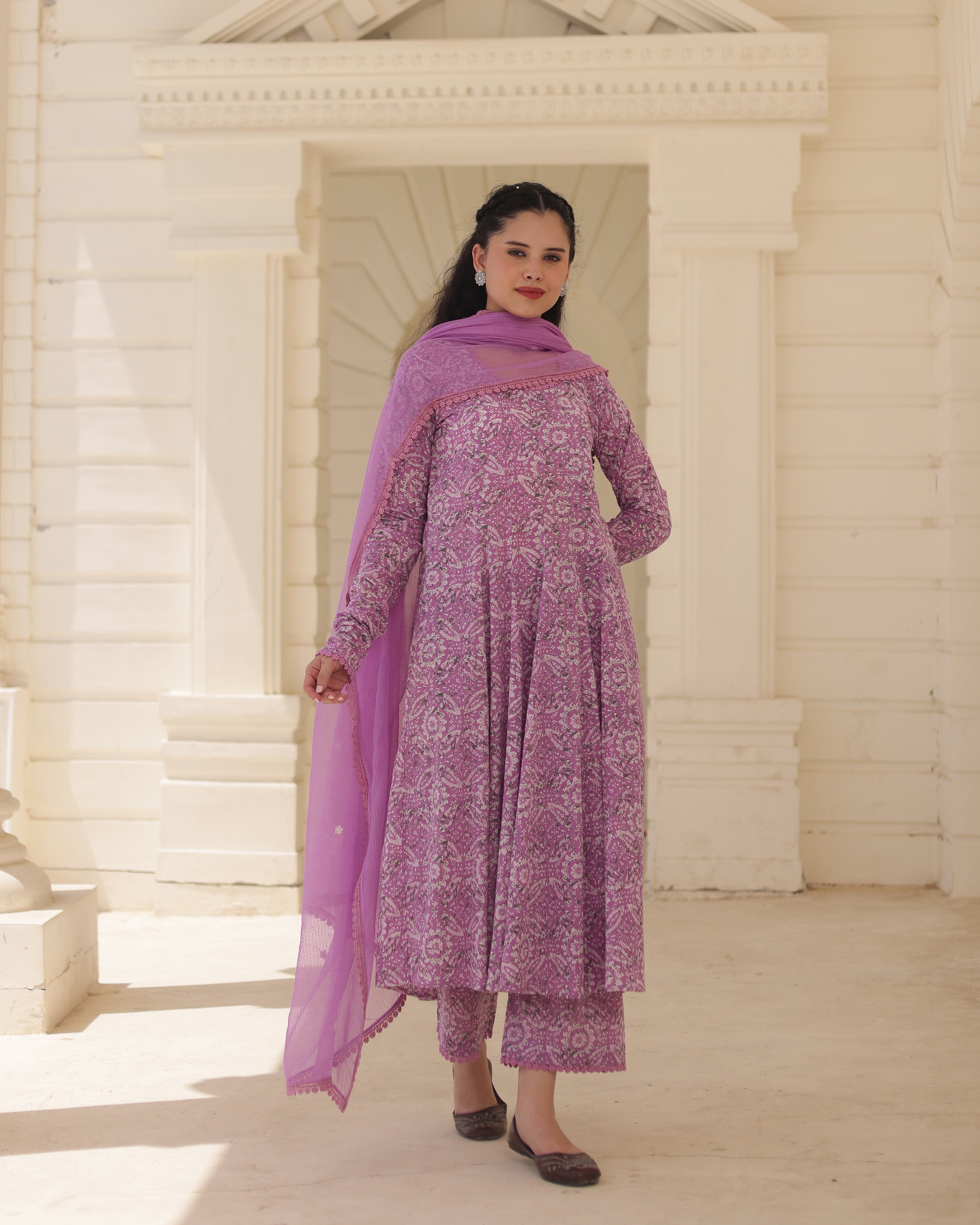 Handblock Lavender heritage Cotton Suit Set with Kota Doria Dupatta