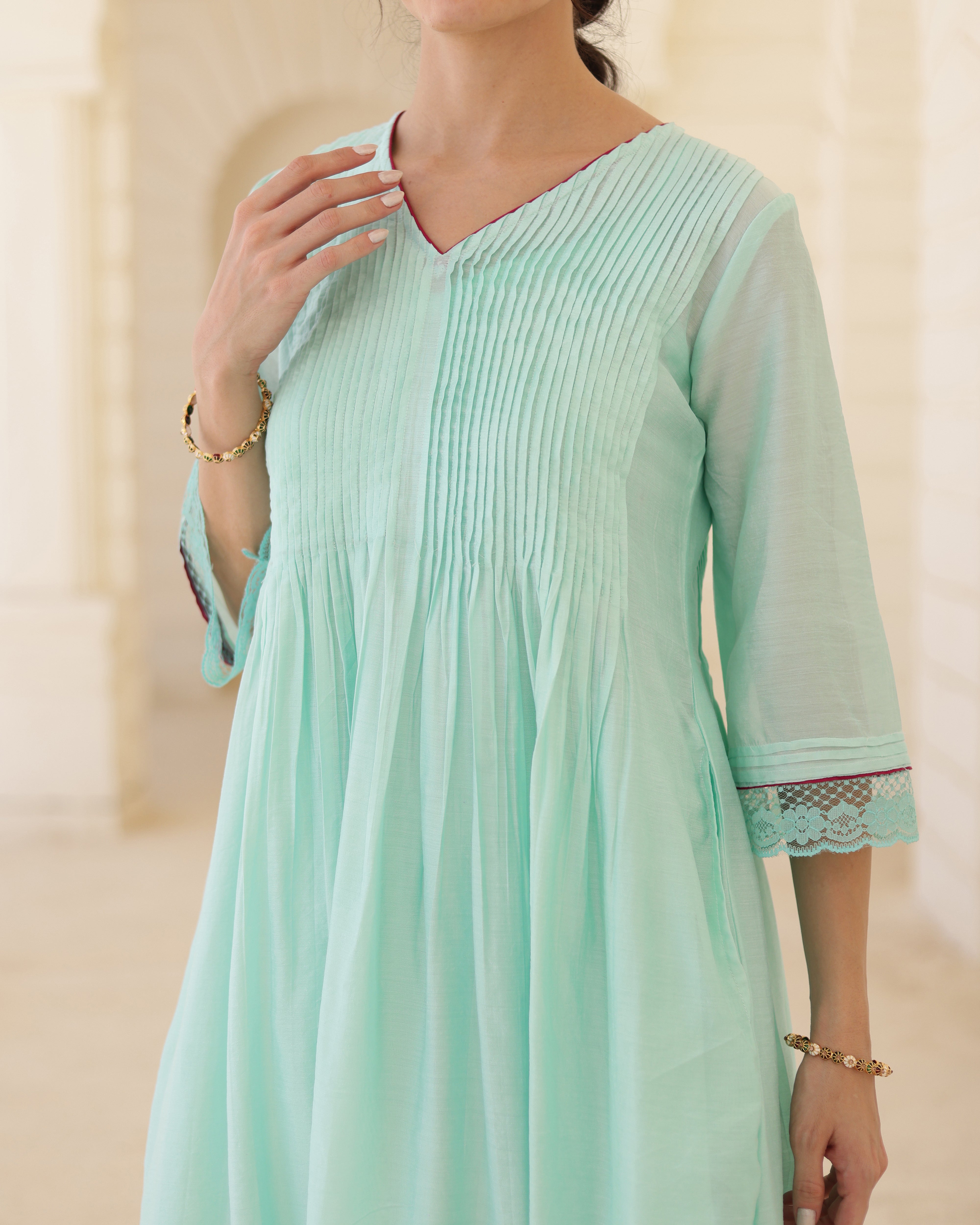 Floris Mint Chanderi Aari Embroidered Kurta Palazzo Set with Floral Dupatta