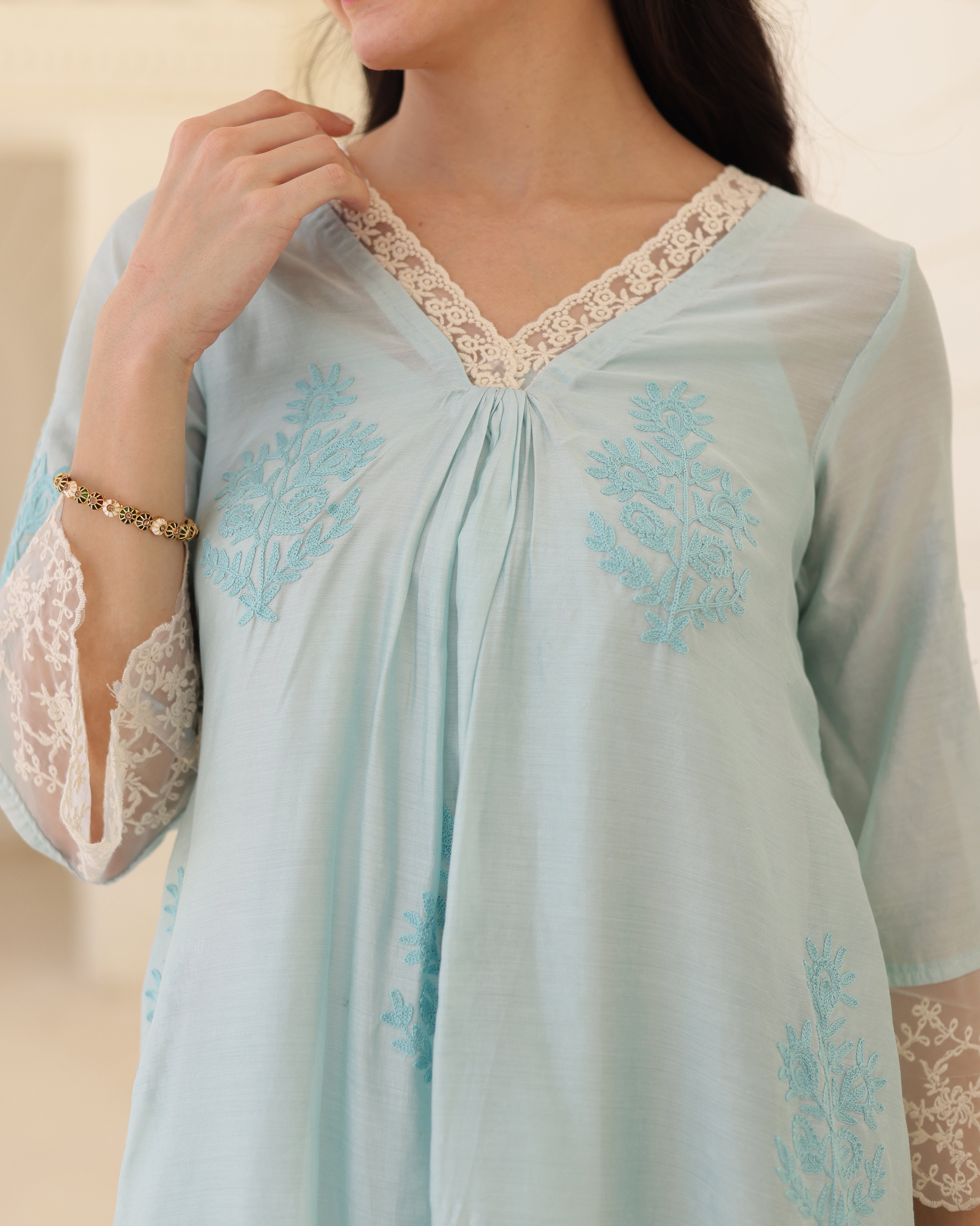 Liora Powder Blue Chanderi Aari Embroidered Suit Set with Lace Dupatta