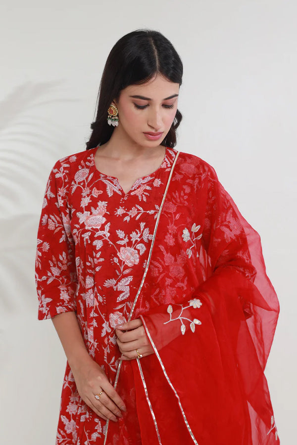 Red Jaal Handblock Cotton Anarkali with Organza gota work Dupatta