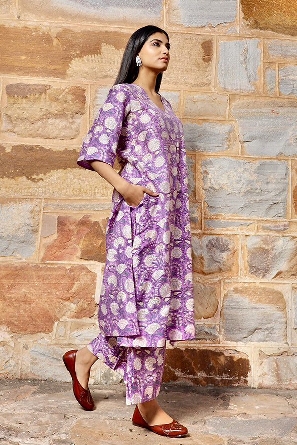 Purple flower print handblock chanderi kurta pant set